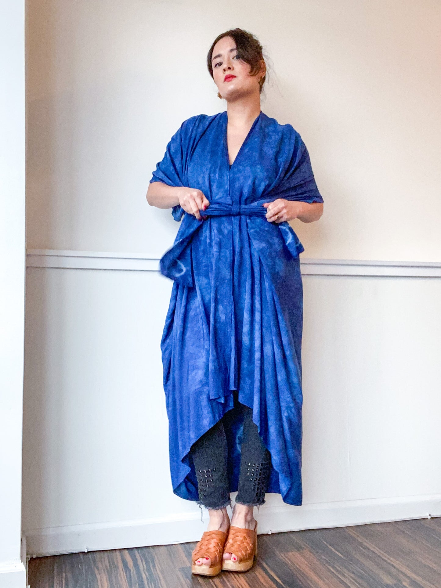Hand-Dyed High Low Kimono Indigo Circles