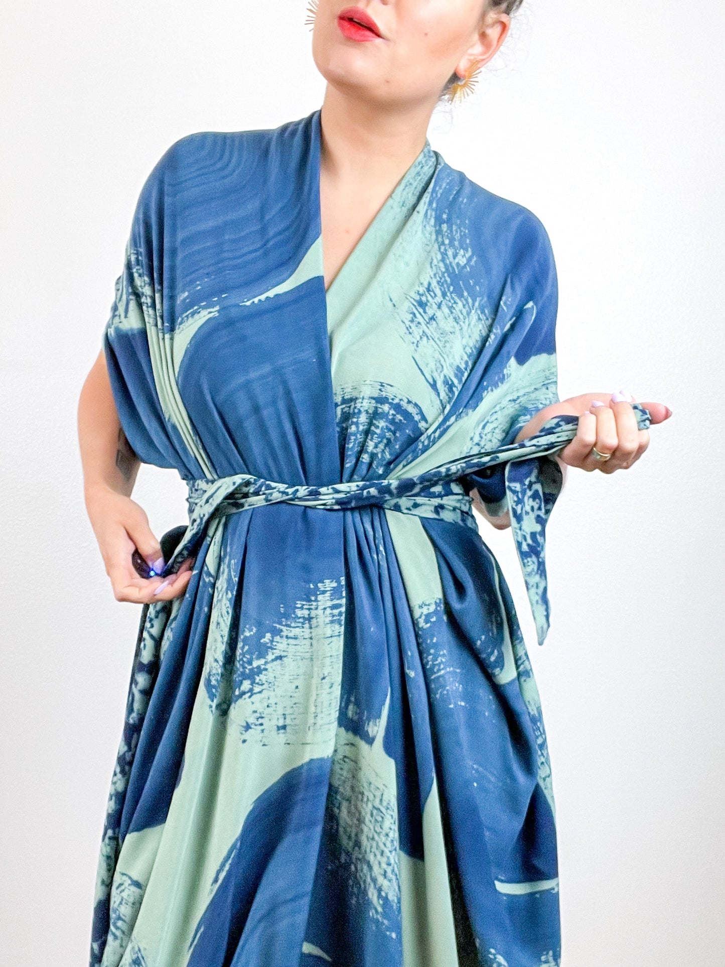 Hand-Dyed High Low Kimono Sage Indigo Brushstroke