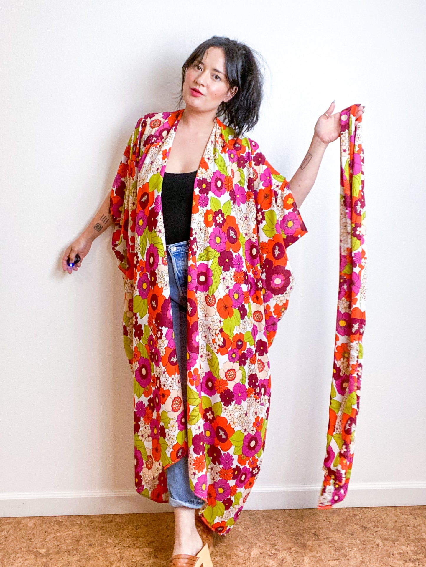 Print High Low Kimono Retro Floral Crepe