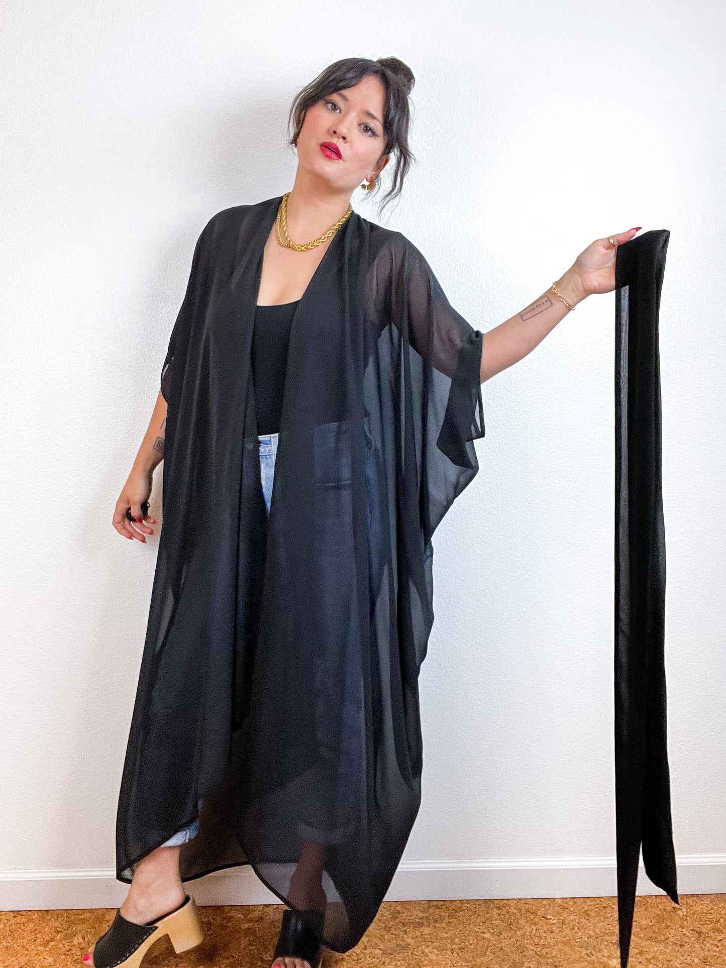 Solid High Low Kimono Black Chiffon