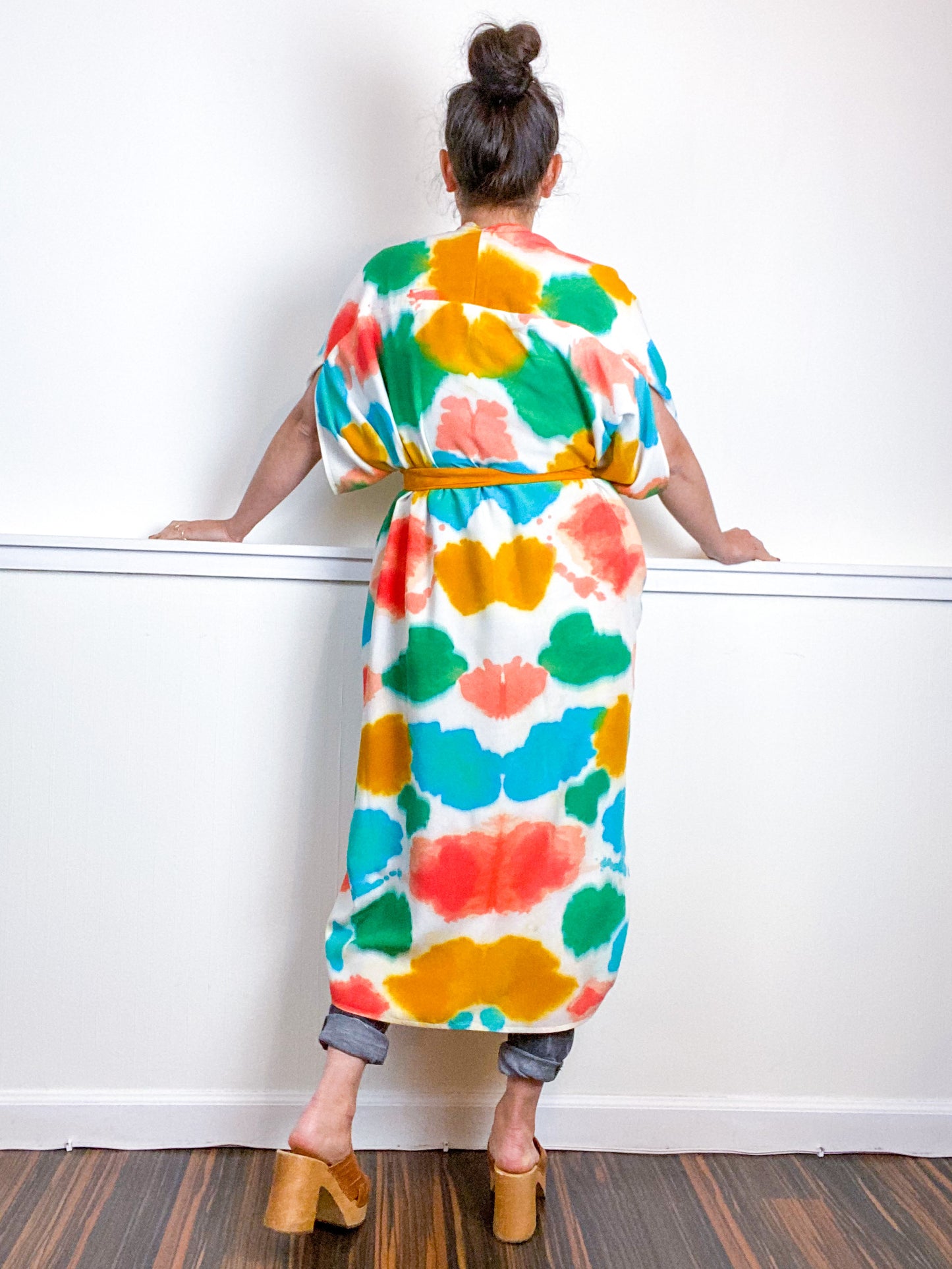 OOAK Hand-Dyed High Low Kimono Marigold Coral Emerald Parakeet Inkblot