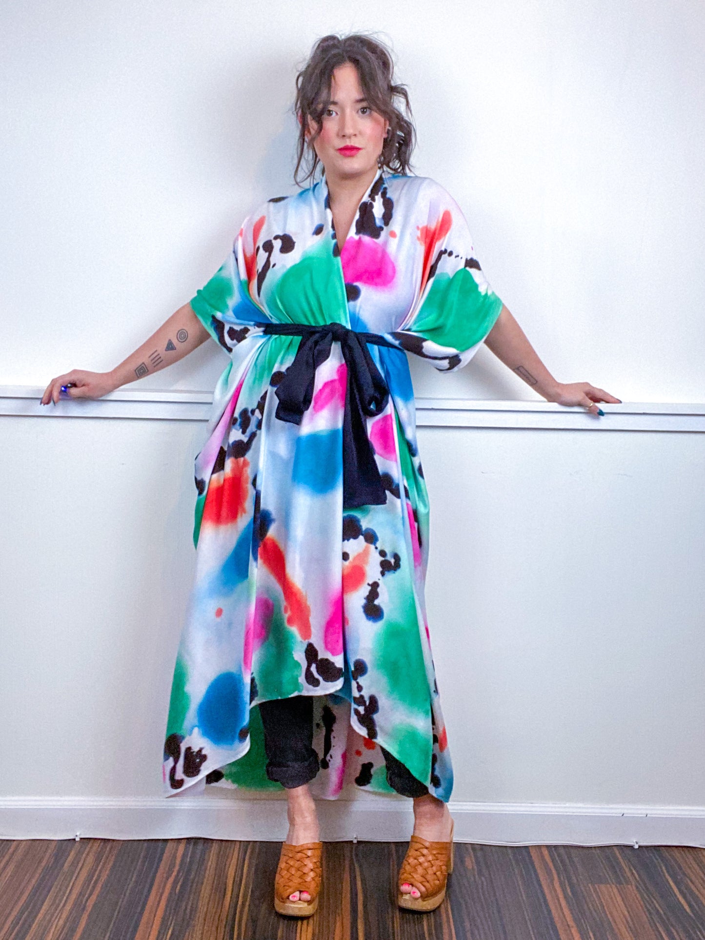 OOAK Hand-Dyed High Low Kimono Multicolor Watercolor