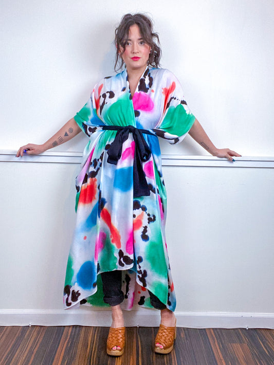 OOAK Hand-Dyed High Low Kimono Multicolor Watercolor