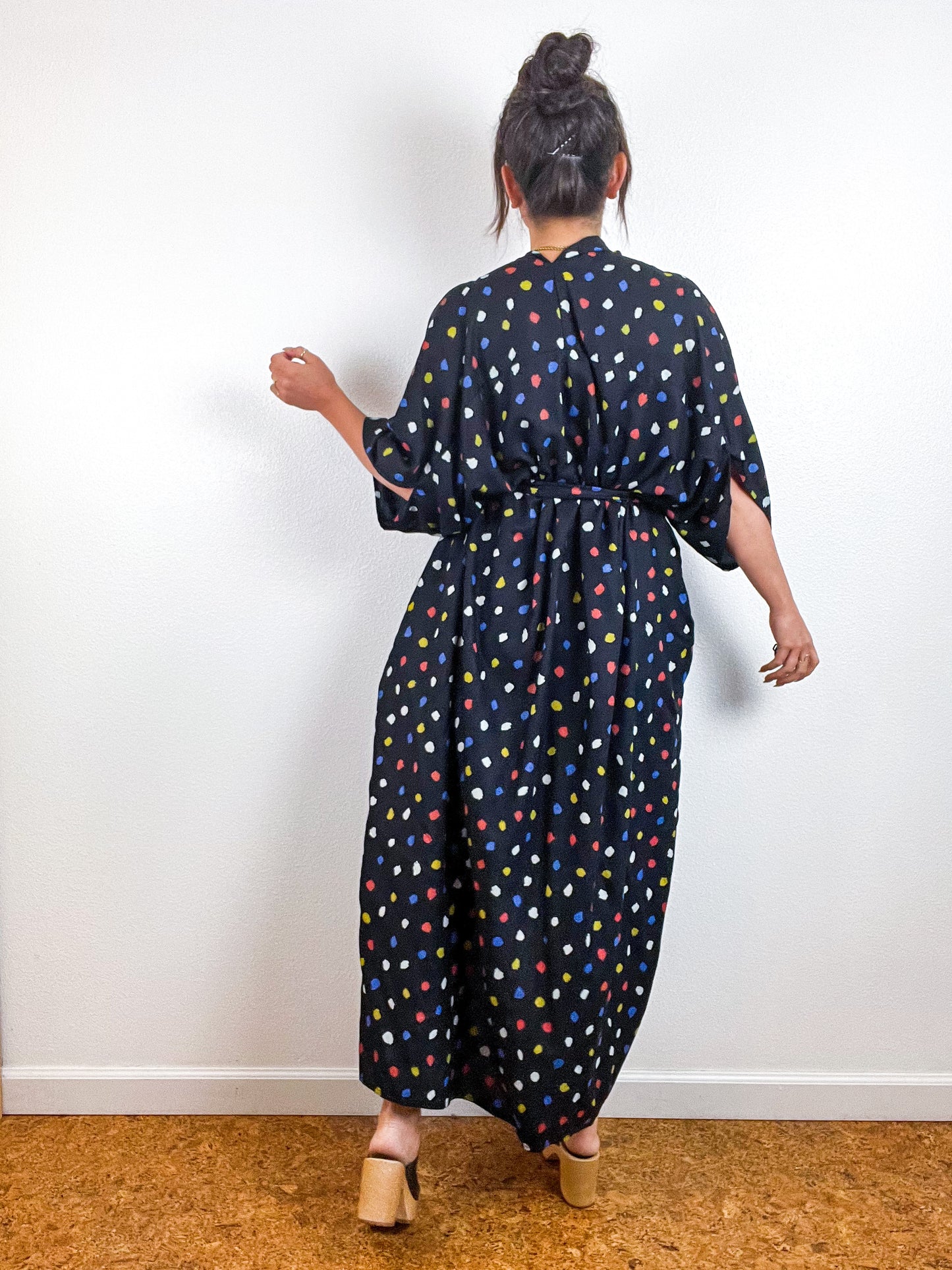 Print High Low Kimono Black Painted Dots Challis