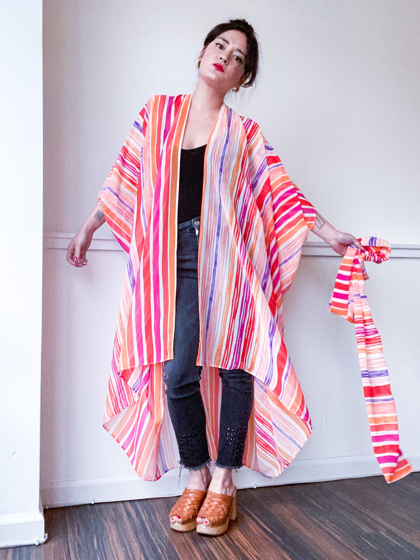 Print High Low Kimono Stripes Chiffon