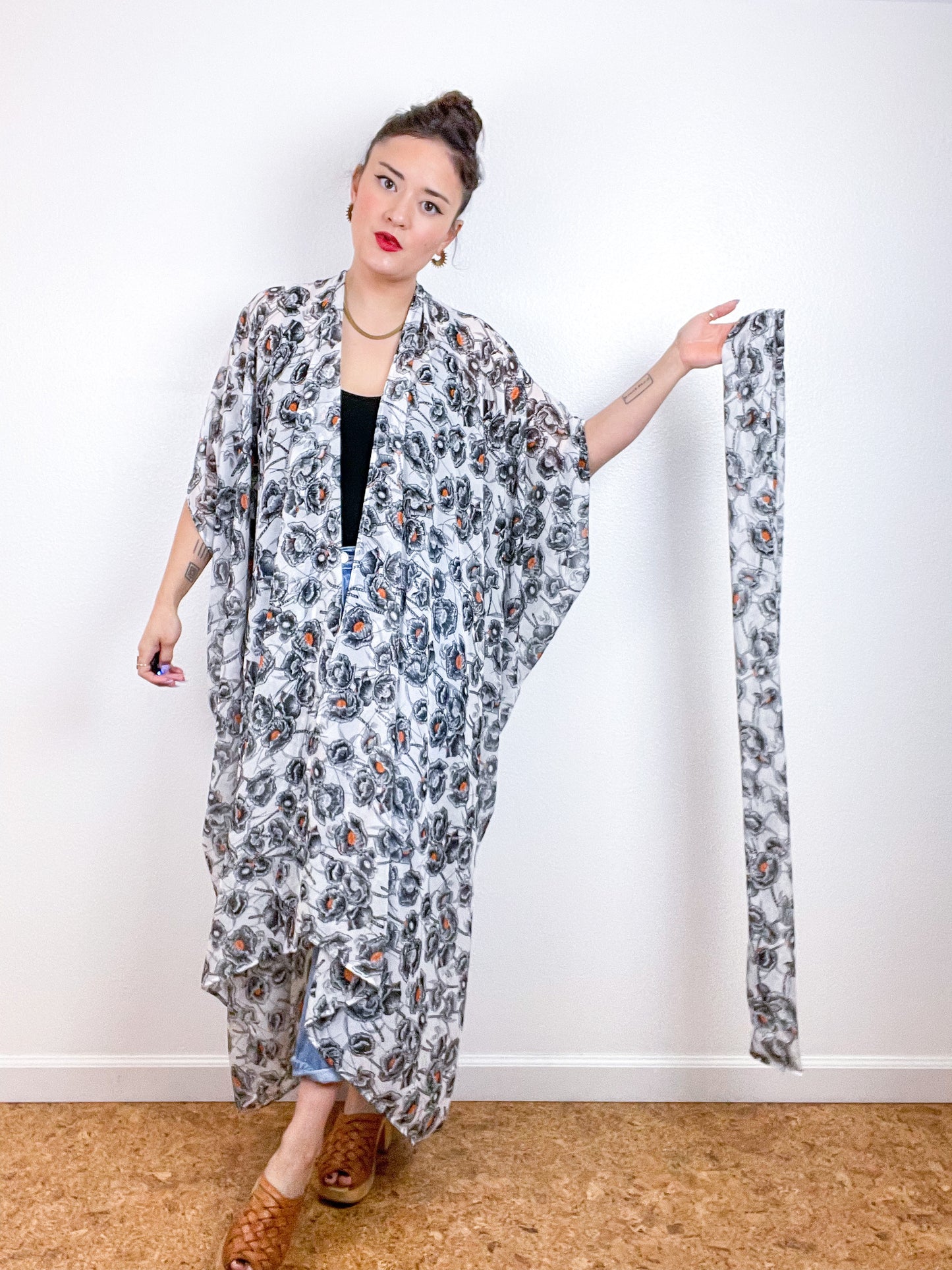 Print High Low Kimono Ivory Poppy Floral Chiffon