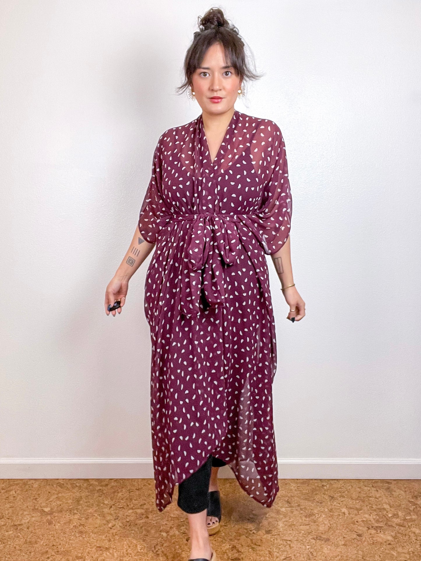 Print High Low Kimono Maroon Half Moon Chiffon
