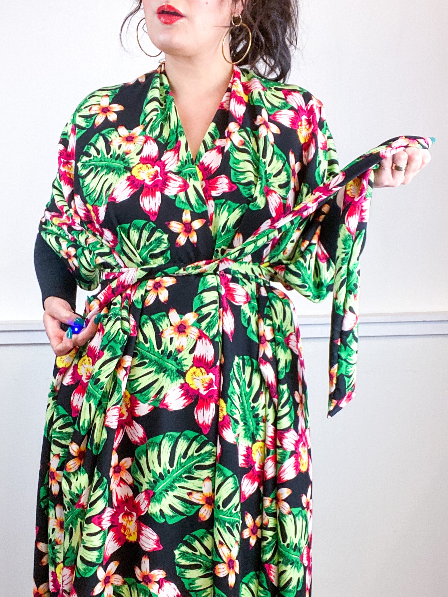 Print High Low Kimono Black Tropical Rayon Challis