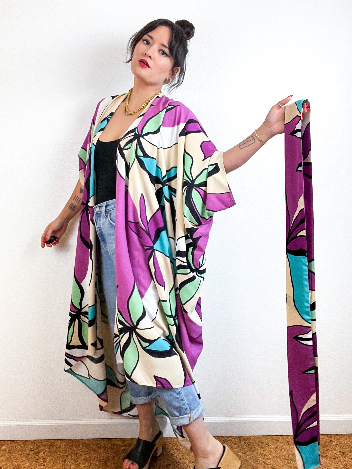 Print High Low Kimono Lilac Ecru Abstract Floral Challis