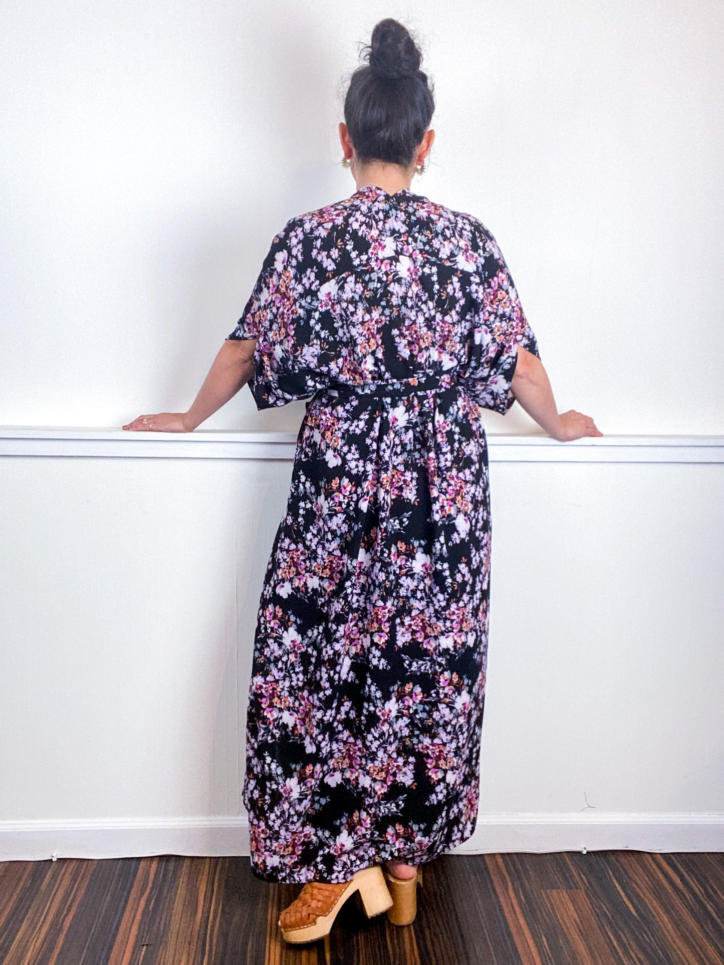 Print High Low Kimono Black Purple Wildflower Bubble Crepe