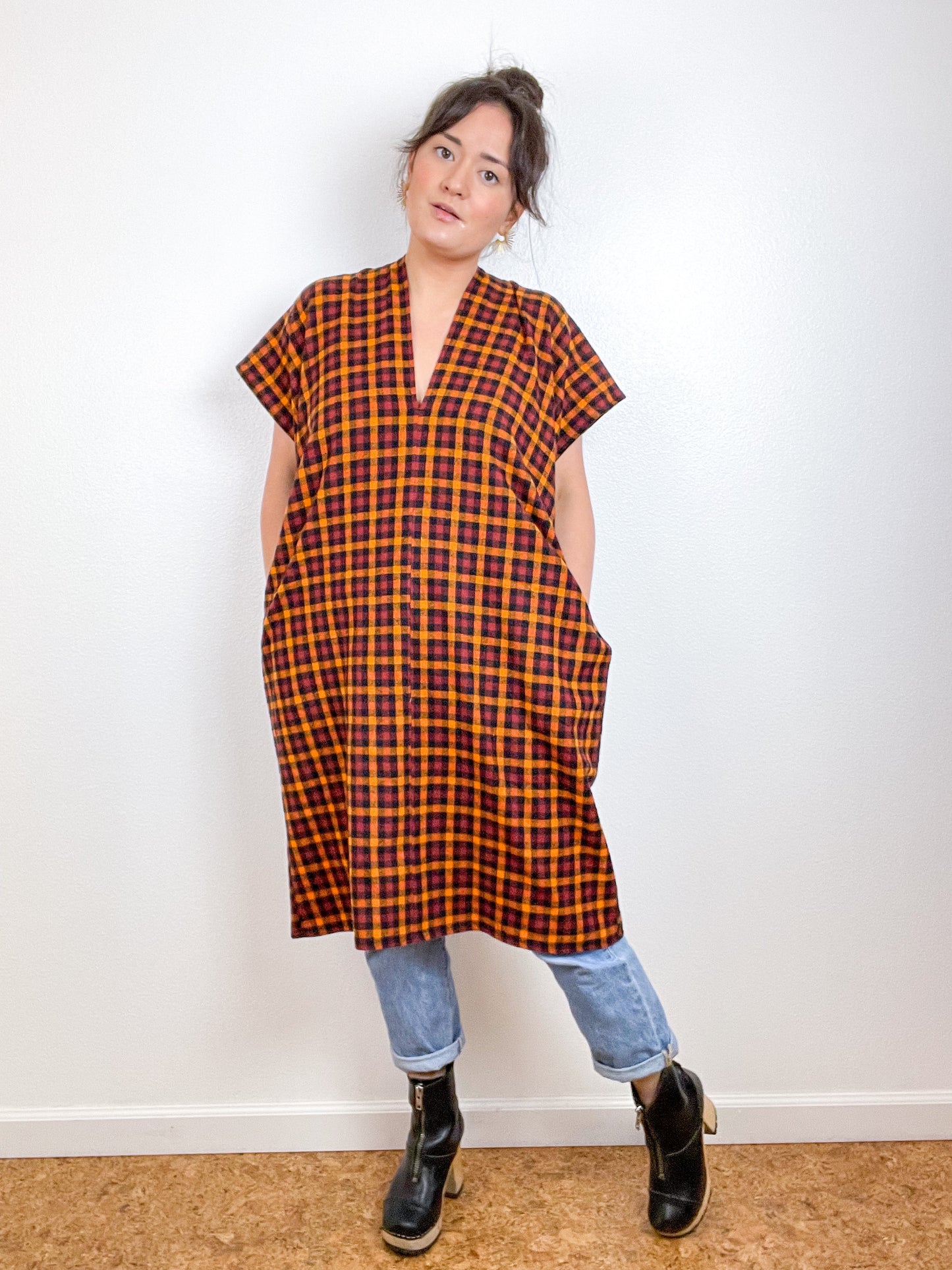 Plaid Flannel Smock Dress Maroon Orange