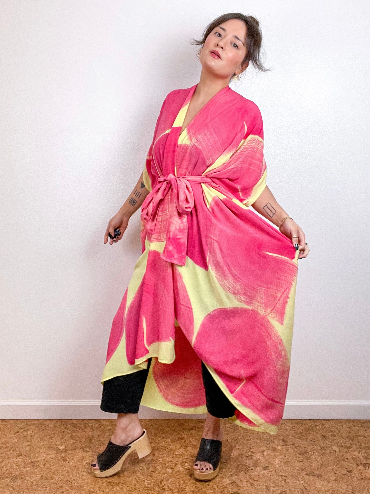 Hand-Dyed High Low Kimono Citron Coral Brushstroke