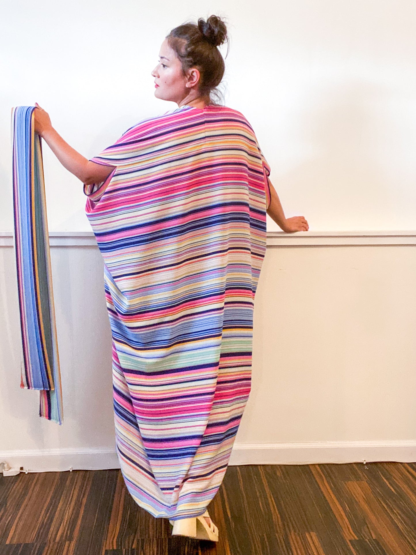 Print High Low Kimono Pastel Stripe Bubble Crepe