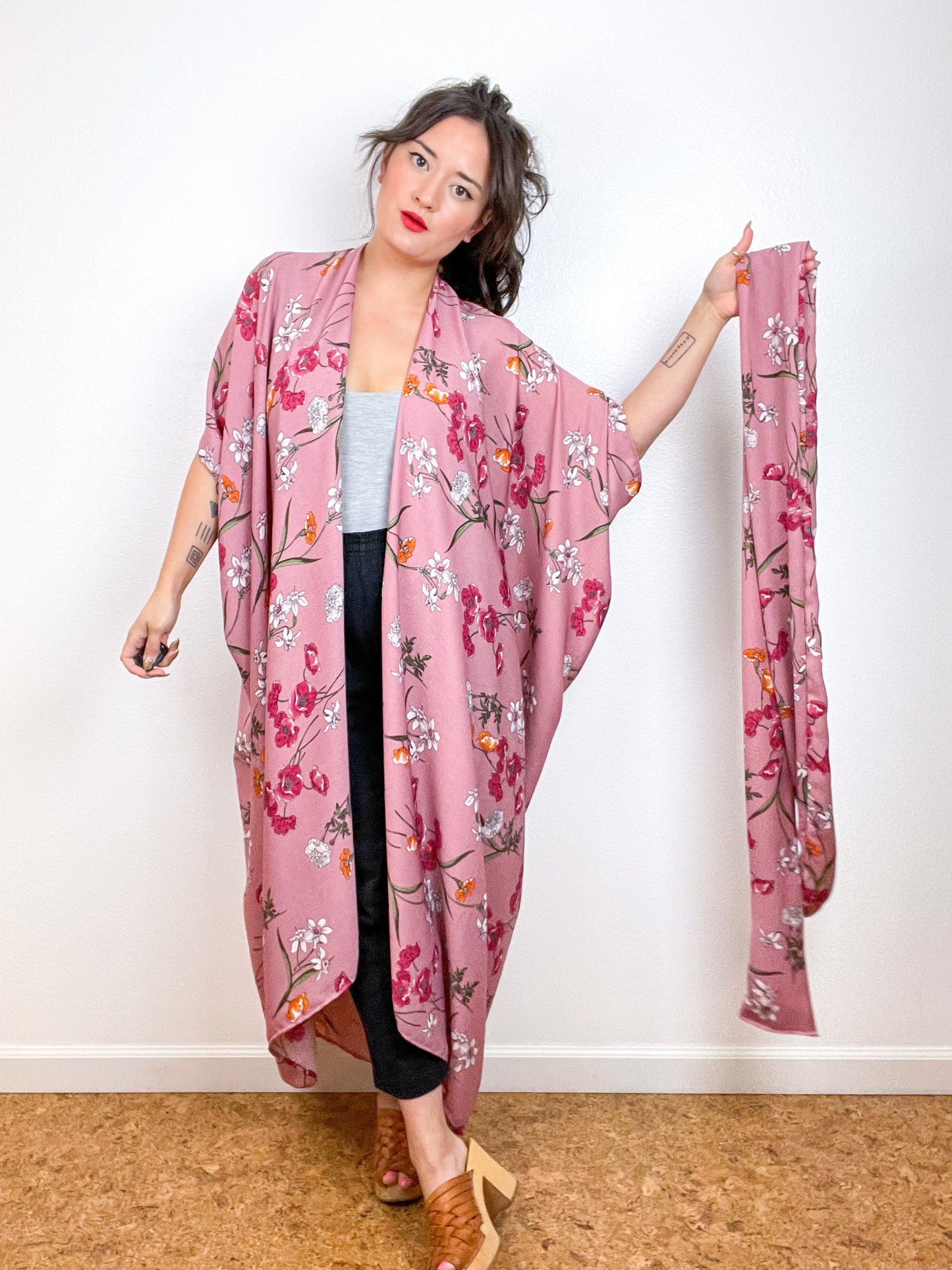 Print High Low Kimono Mauve Floral Crinkle Gauze
