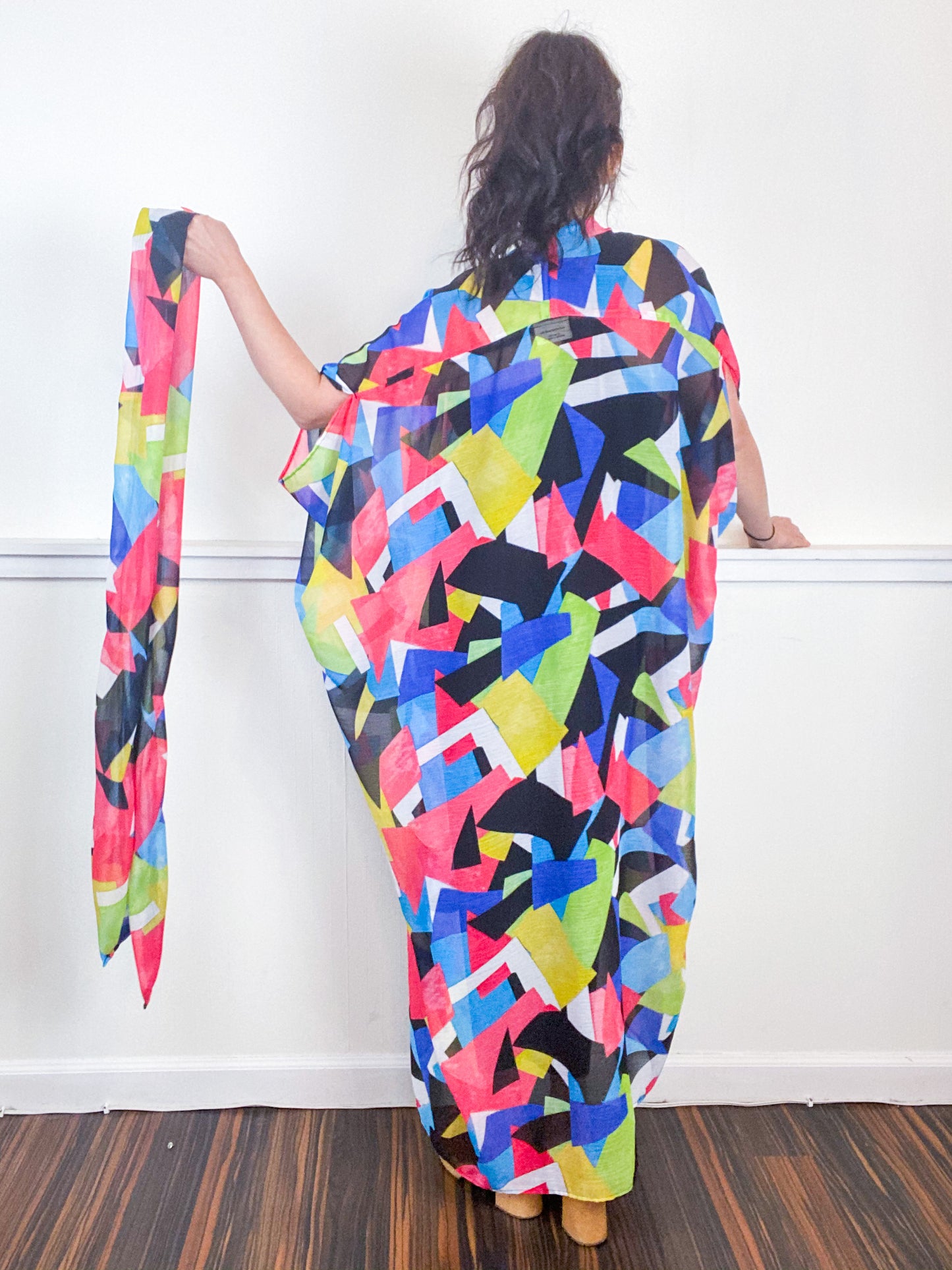 Print High Low Kimono Multicolor Abstract Crinkle Chiffon