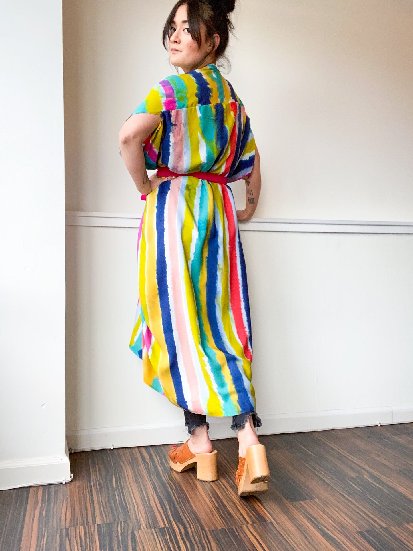 Limited Edition Hand-Dyed High Low Kimono Multicolor Stripes