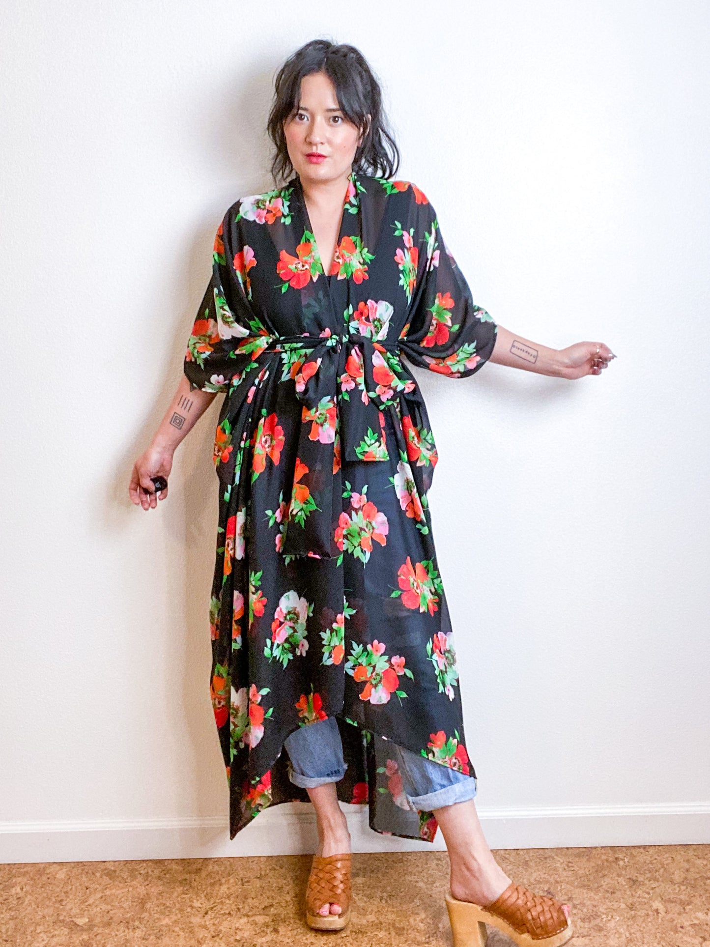 Print High Low Kimono Black Poppies Chiffon