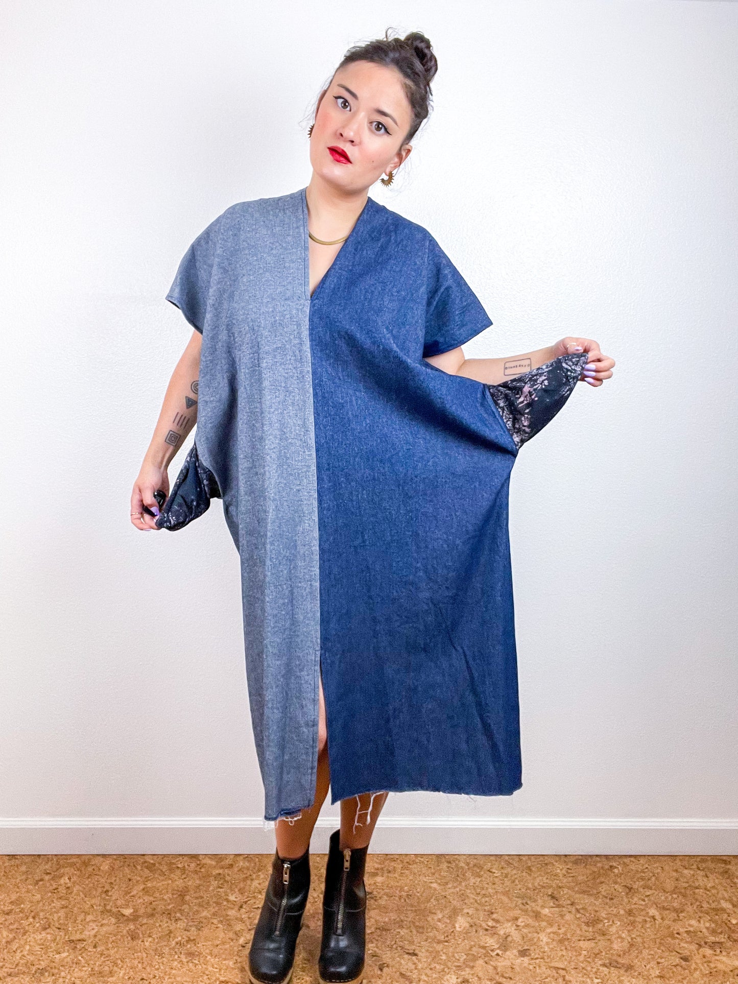 Denim Smock Dress Midi Two Tone