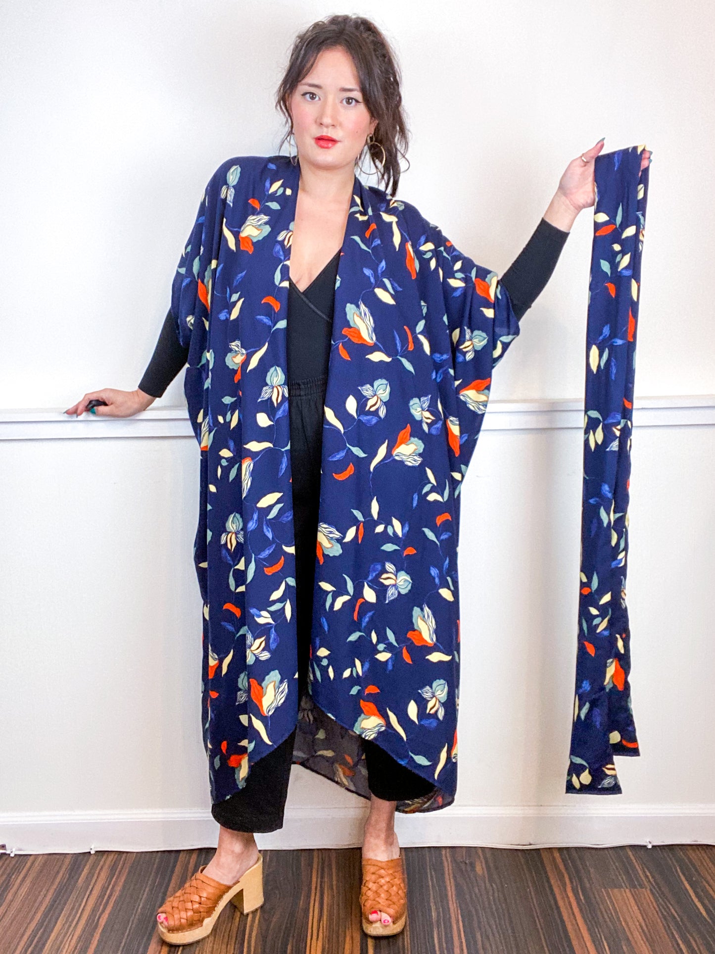 Print High Low Kimono Navy Floral Vine Rayon Challis