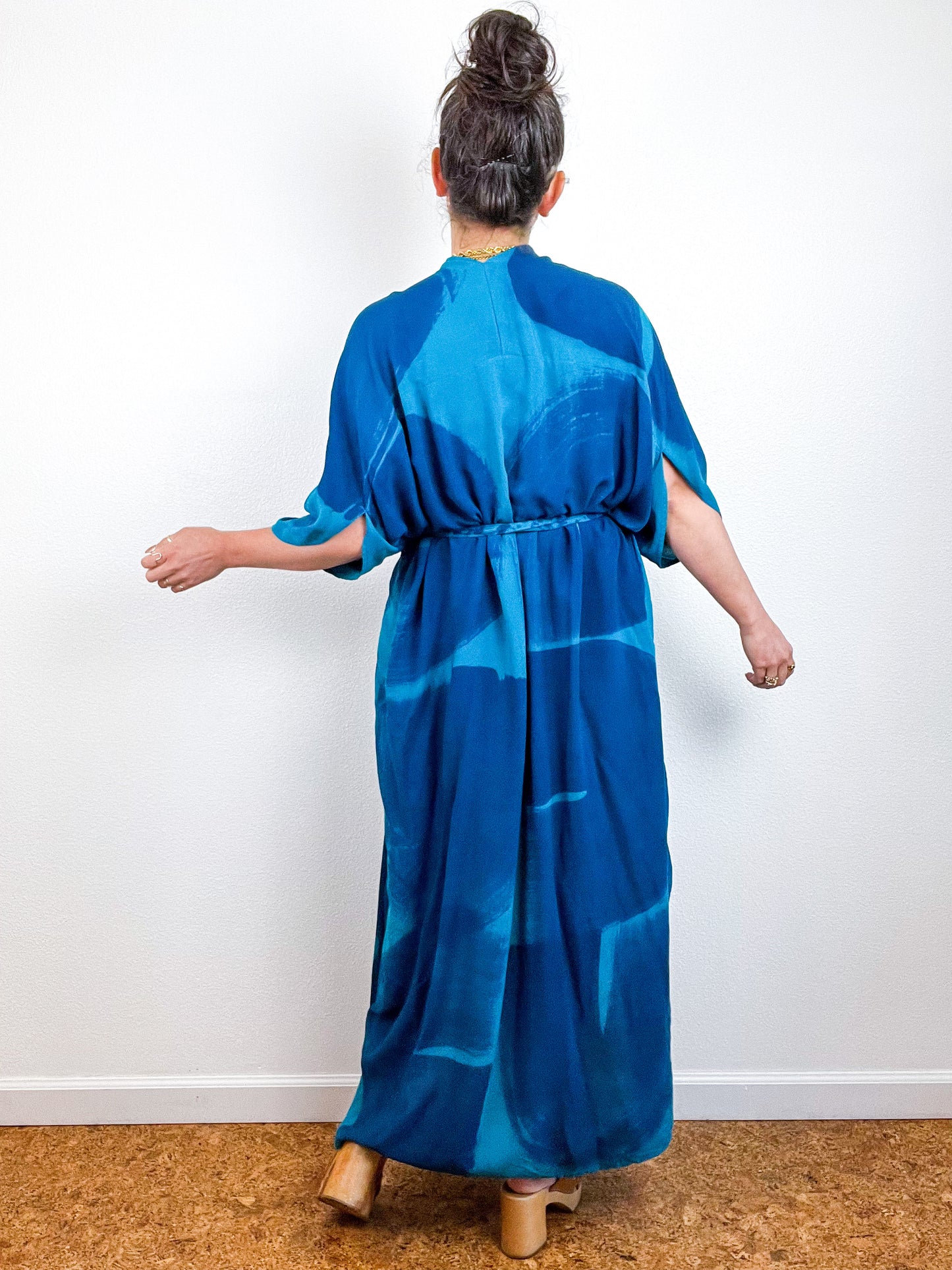 Hand-Dyed High Low Kimono Turquoise Indigo Brushstroke