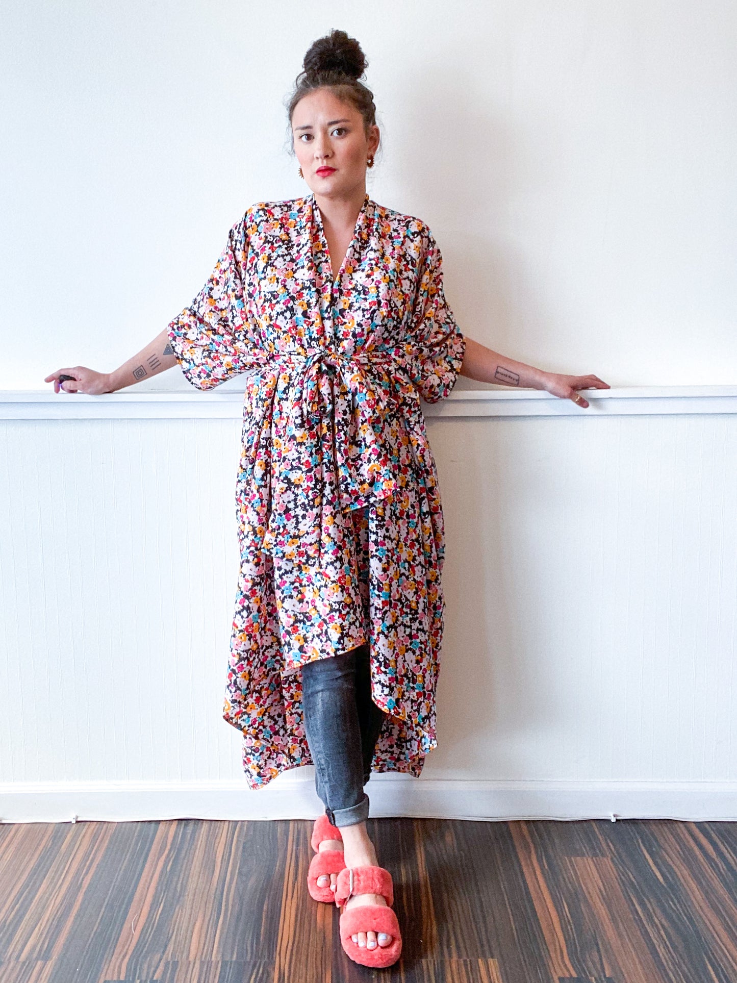 Print High Low Kimono Multicolor Mini Floral Crepe de Chine