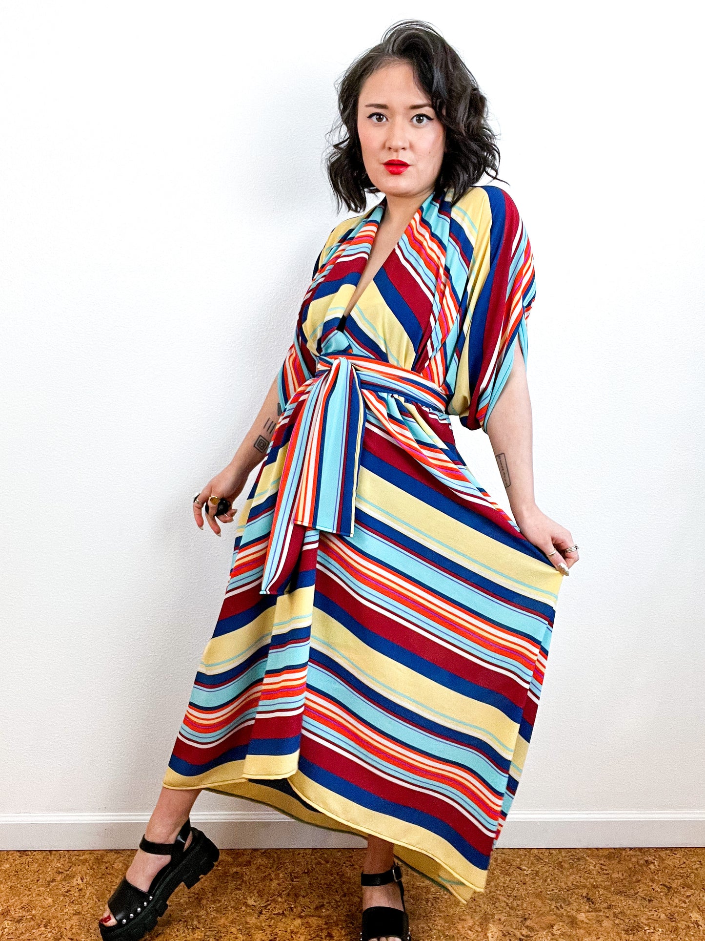 Print High Low Kimono Aqua Orange Yellow Stripe Bubble Crepe