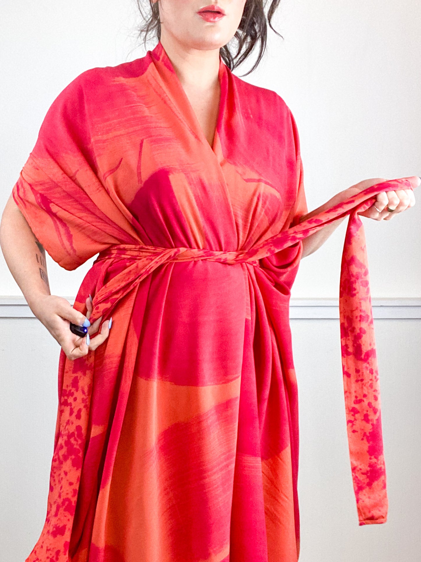 Hand-Dyed High Low Kimono Coral Fuchsia Brushstroke
