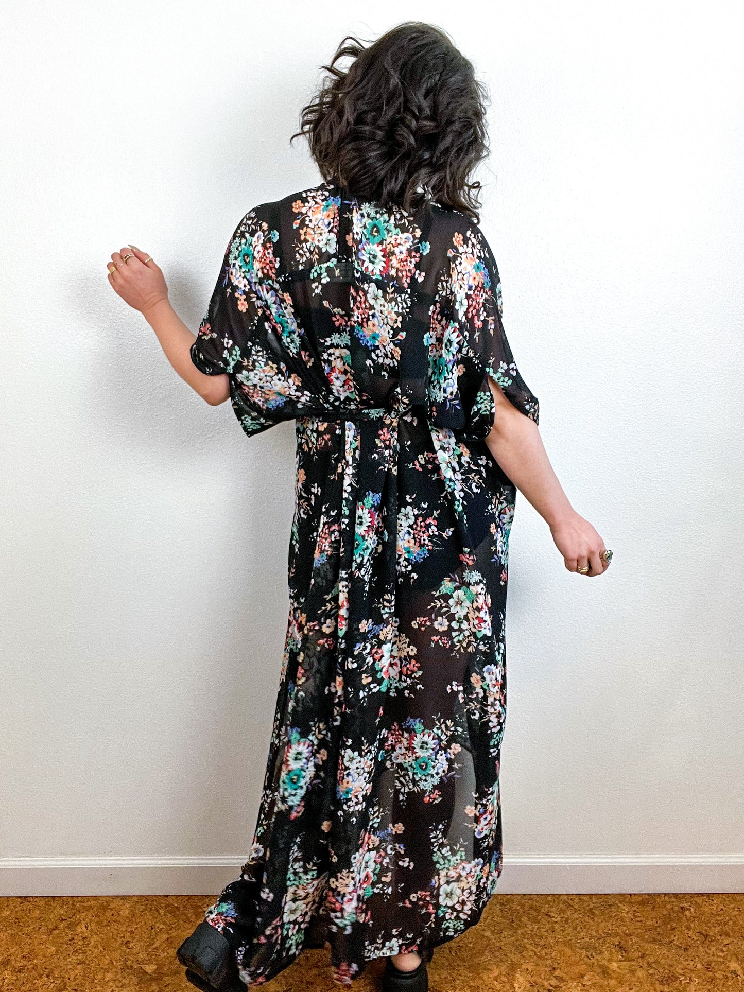 Print High Low Kimono Black Floral Bouquet Chiffon