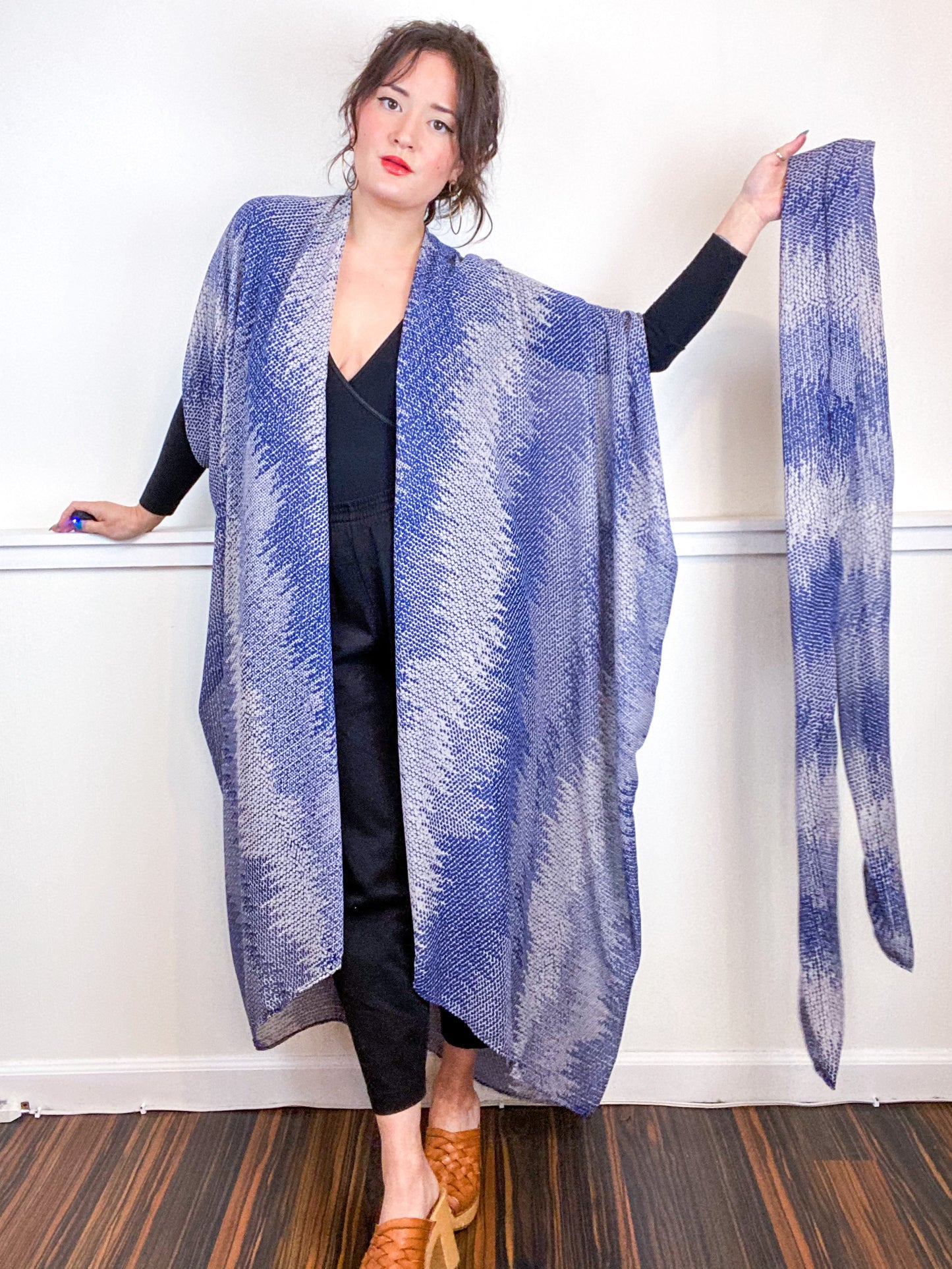 Print High Low Kimono Indigo Static Chiffon
