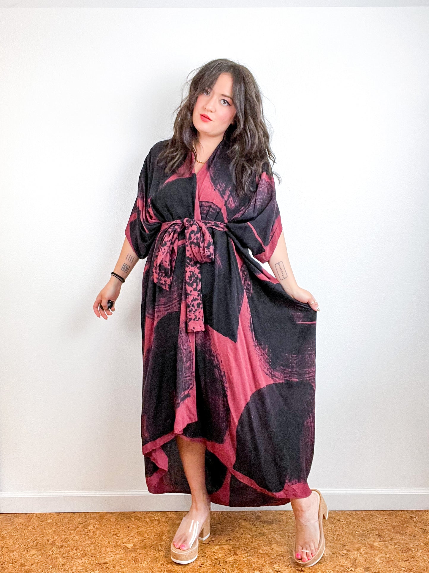 Hand-Dyed High Low Kimono Maroon Black Brushstroke