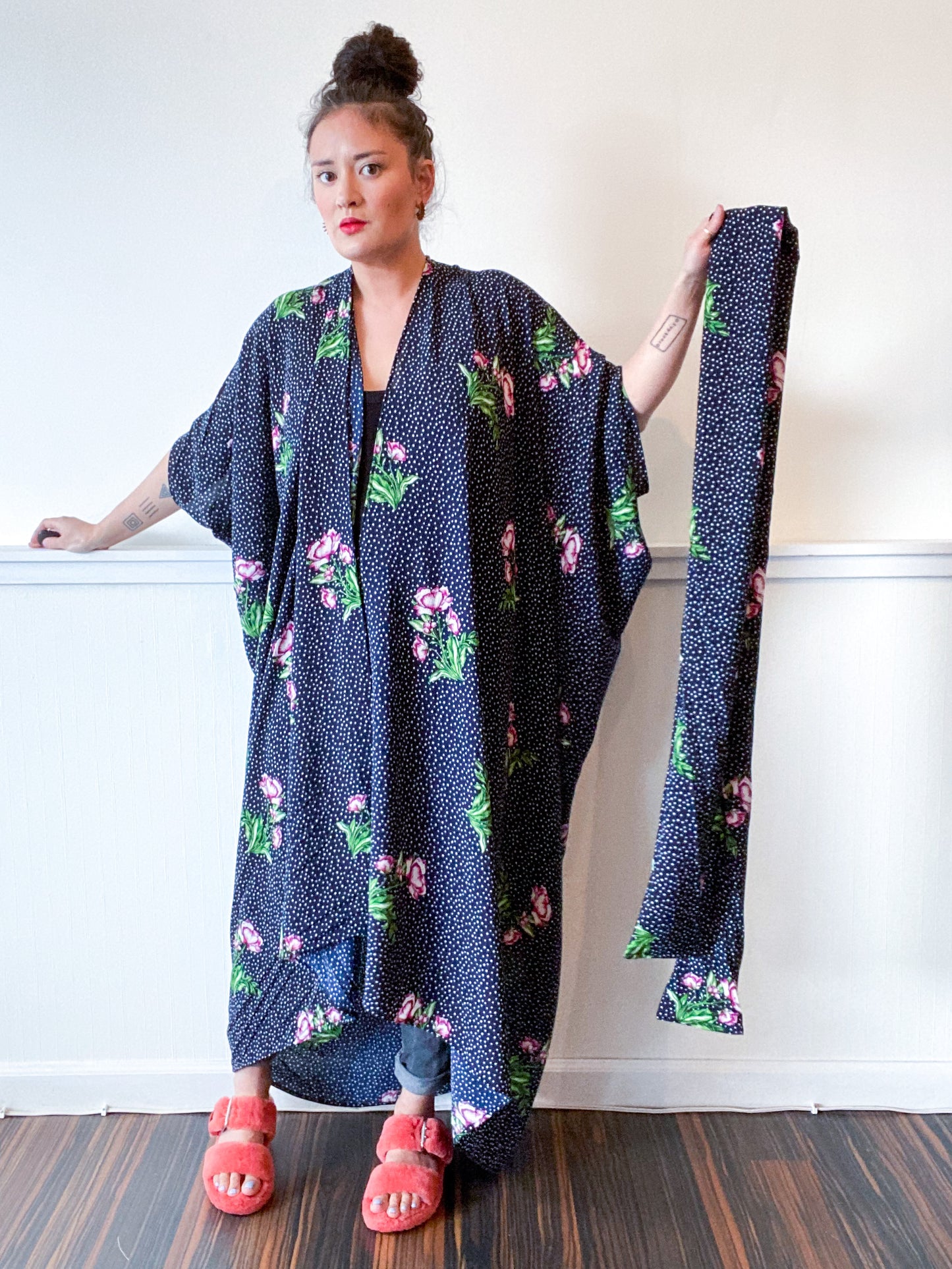 Print High Low Kimono Navy Dots and Floral Bubble Crepe