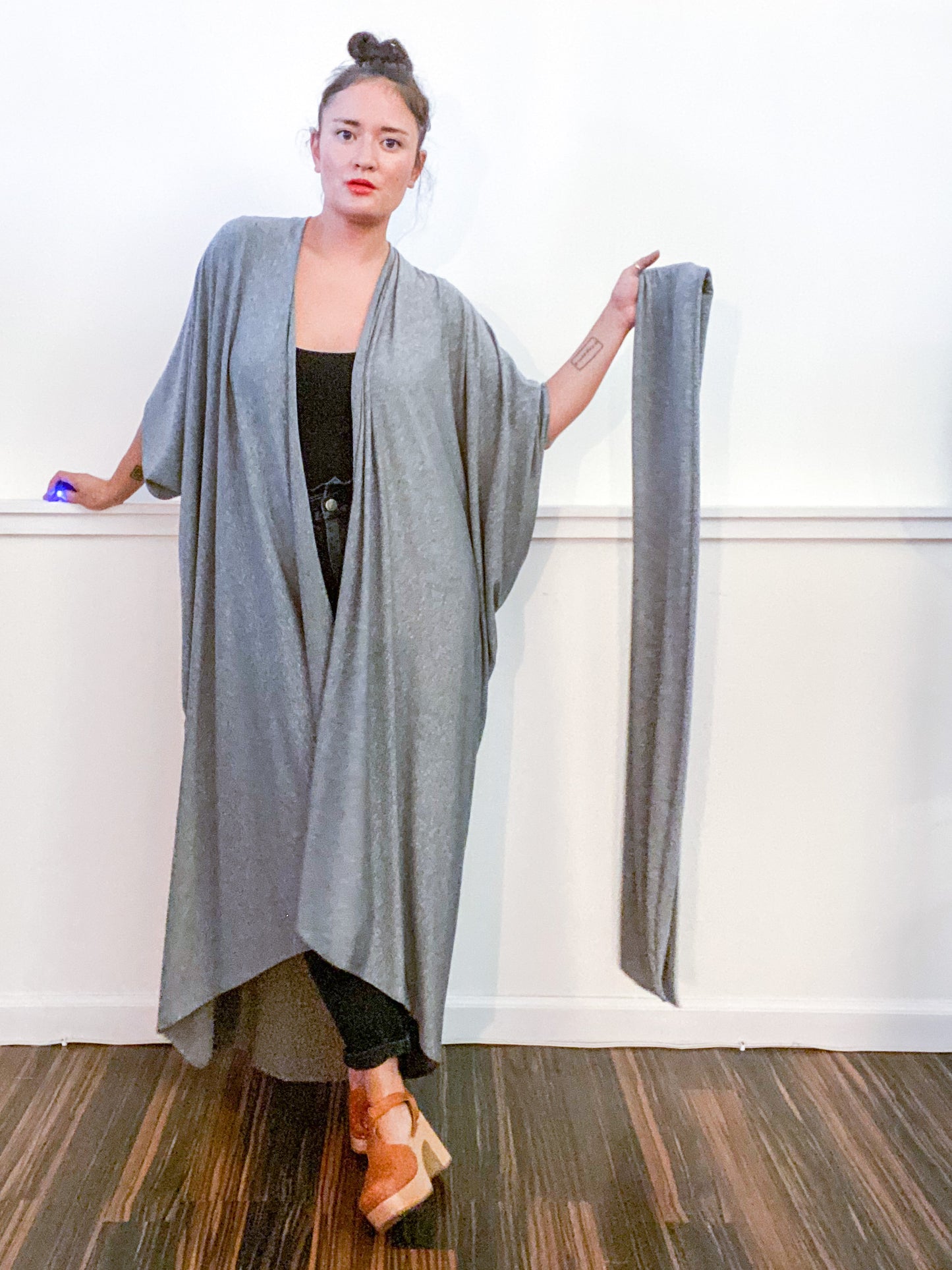 Solid High Low Kimono Heather Grey Sweater Knit