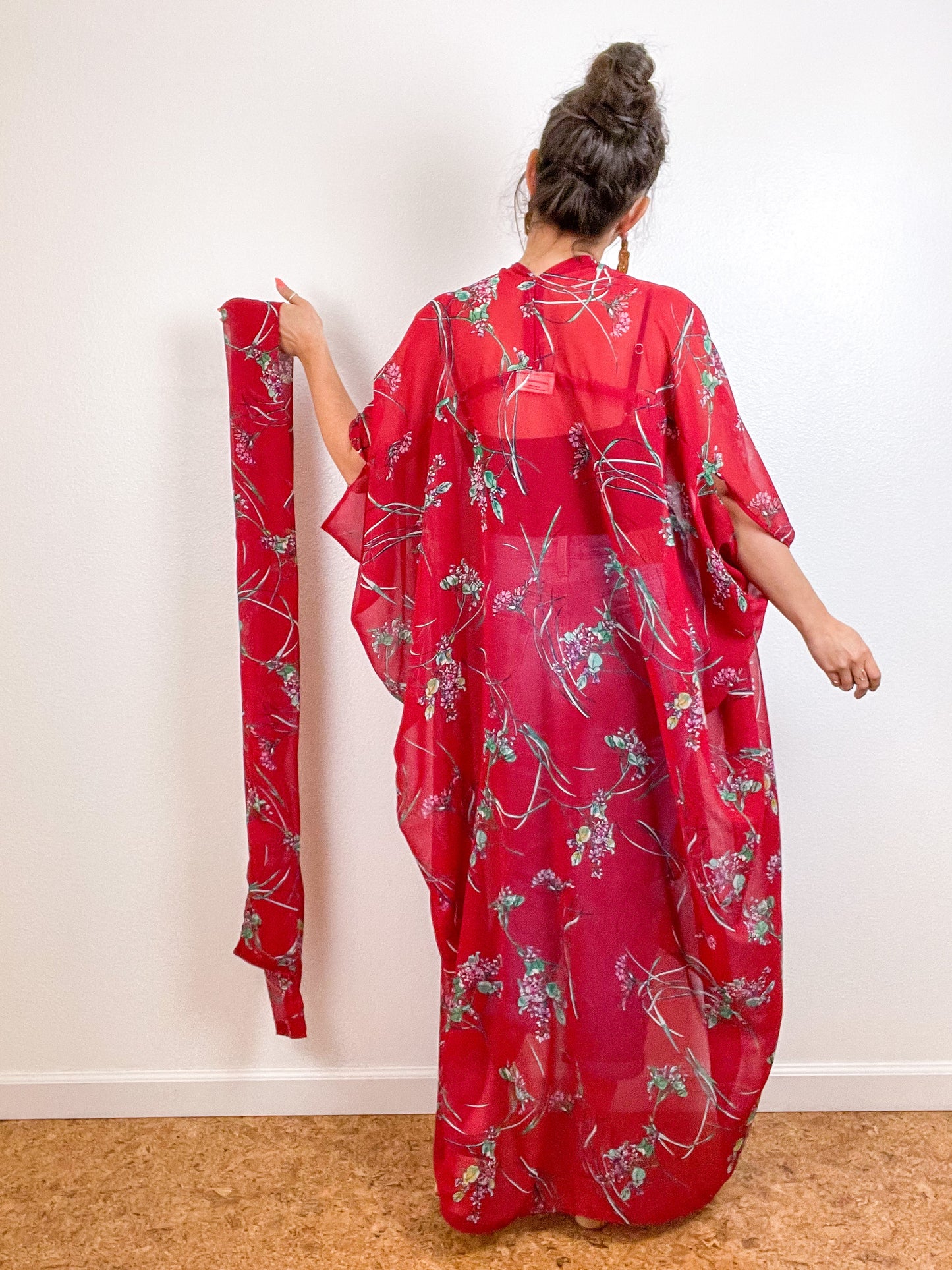 Print High Low Kimono Red Floral Chiffon