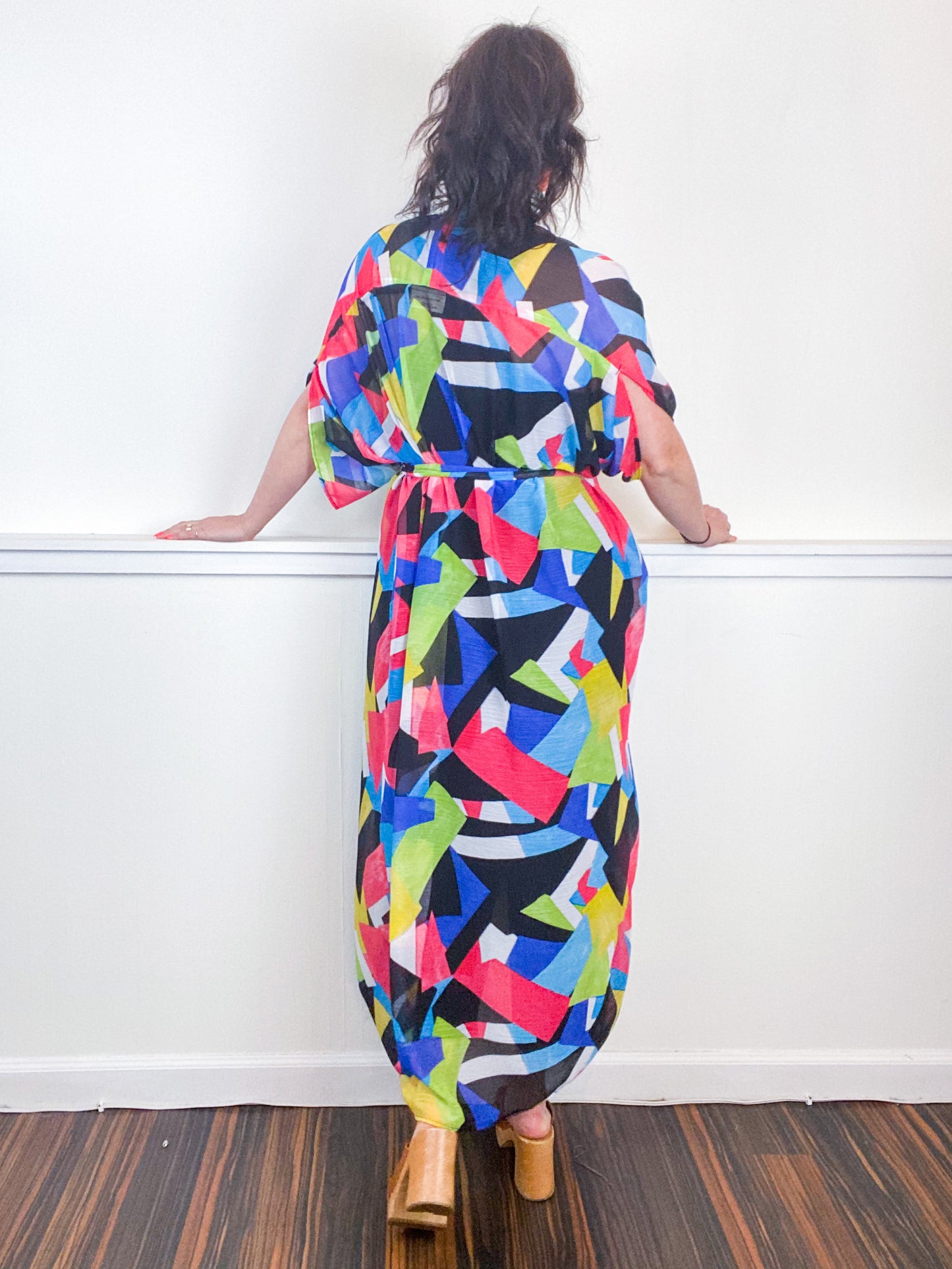 Print High Low Kimono Multicolor Abstract Crinkle Chiffon