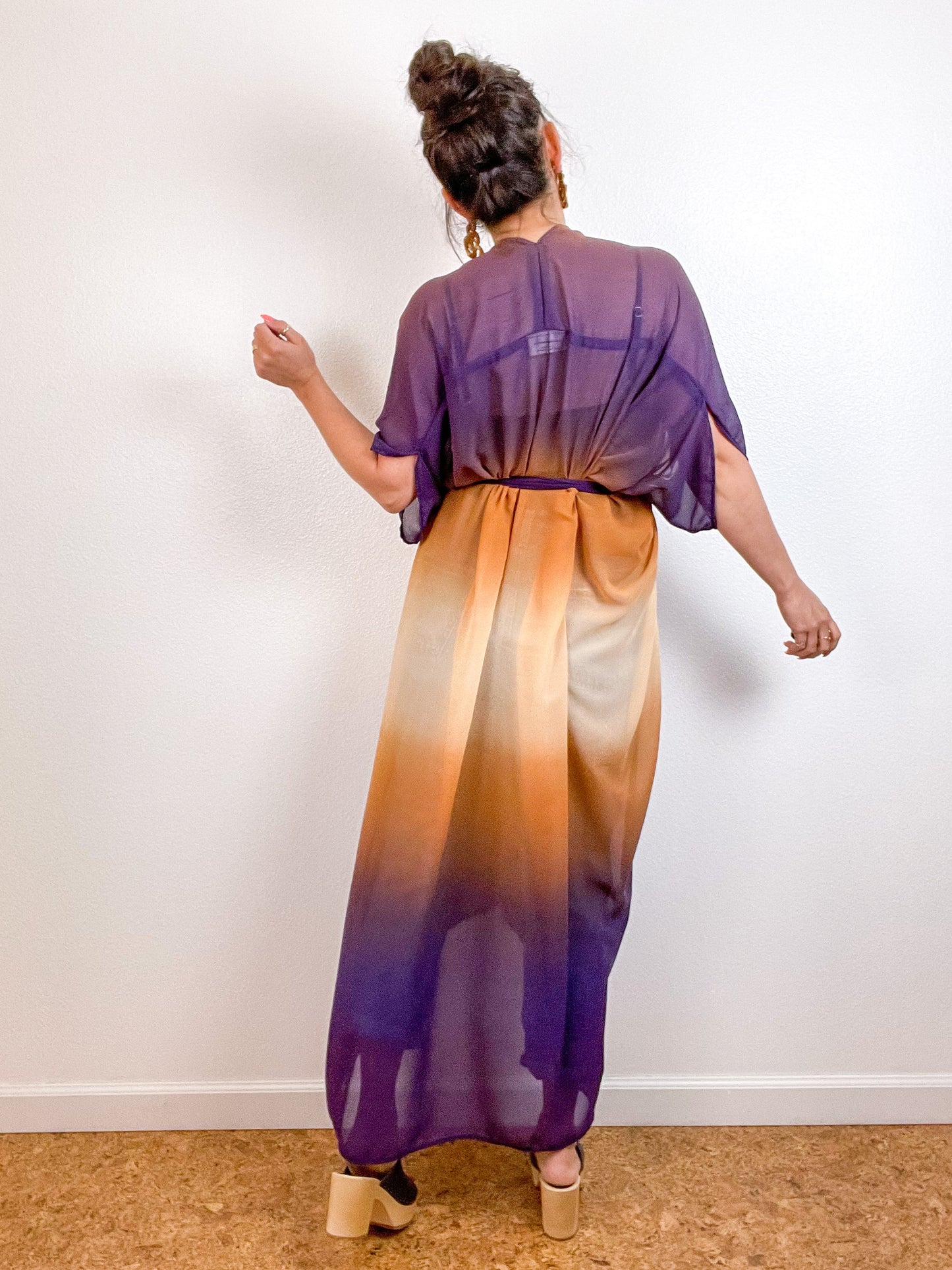 Print High Low Kimono Amber Plum Ombre Chiffon