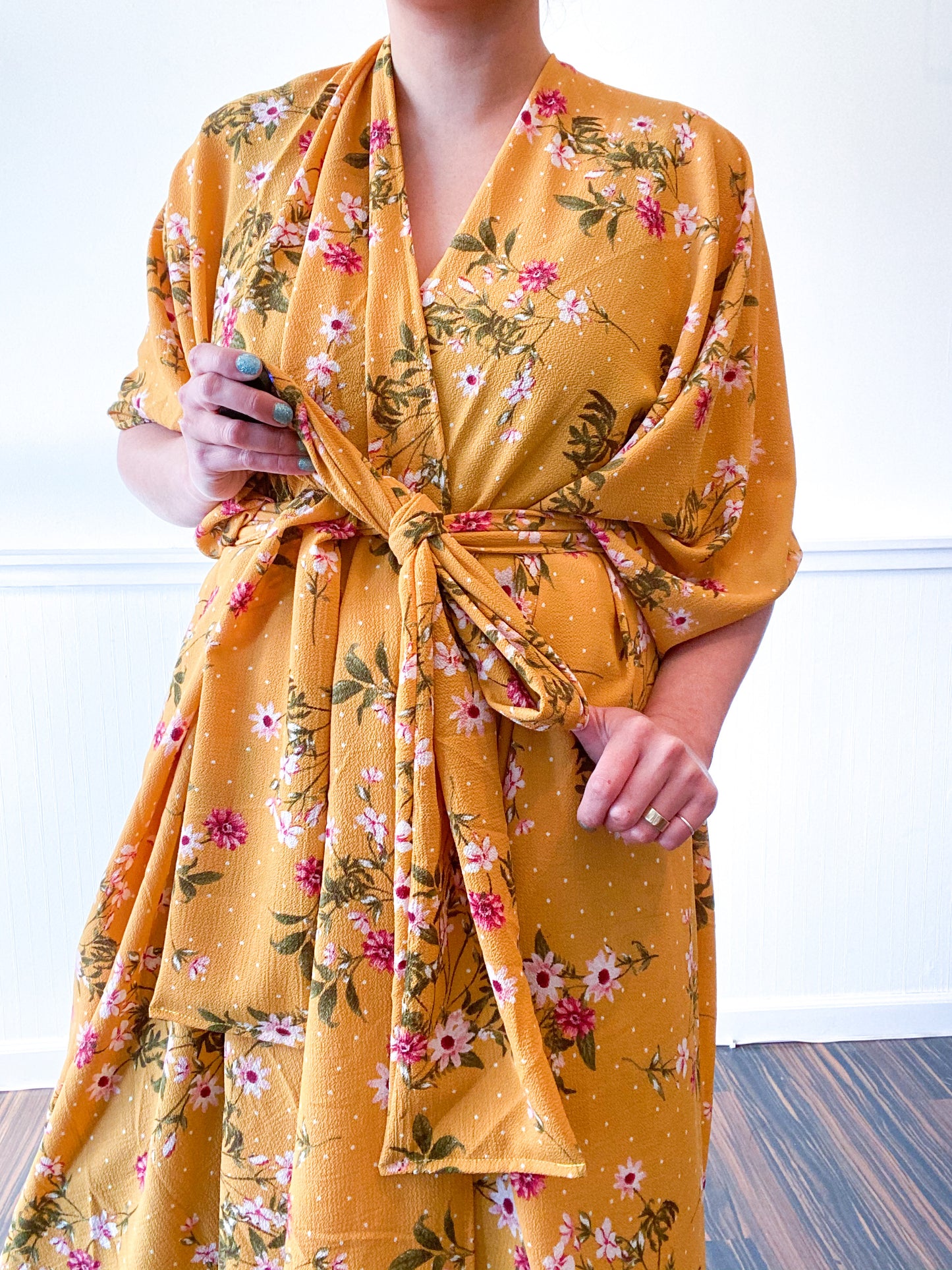 High Low Kimono Mustard Mini Floral Bubble Crepe