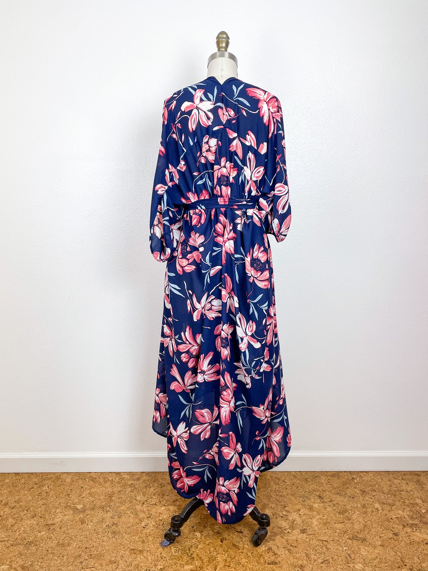 Print High Low Kimono Navy Peach Magnolia Georgette