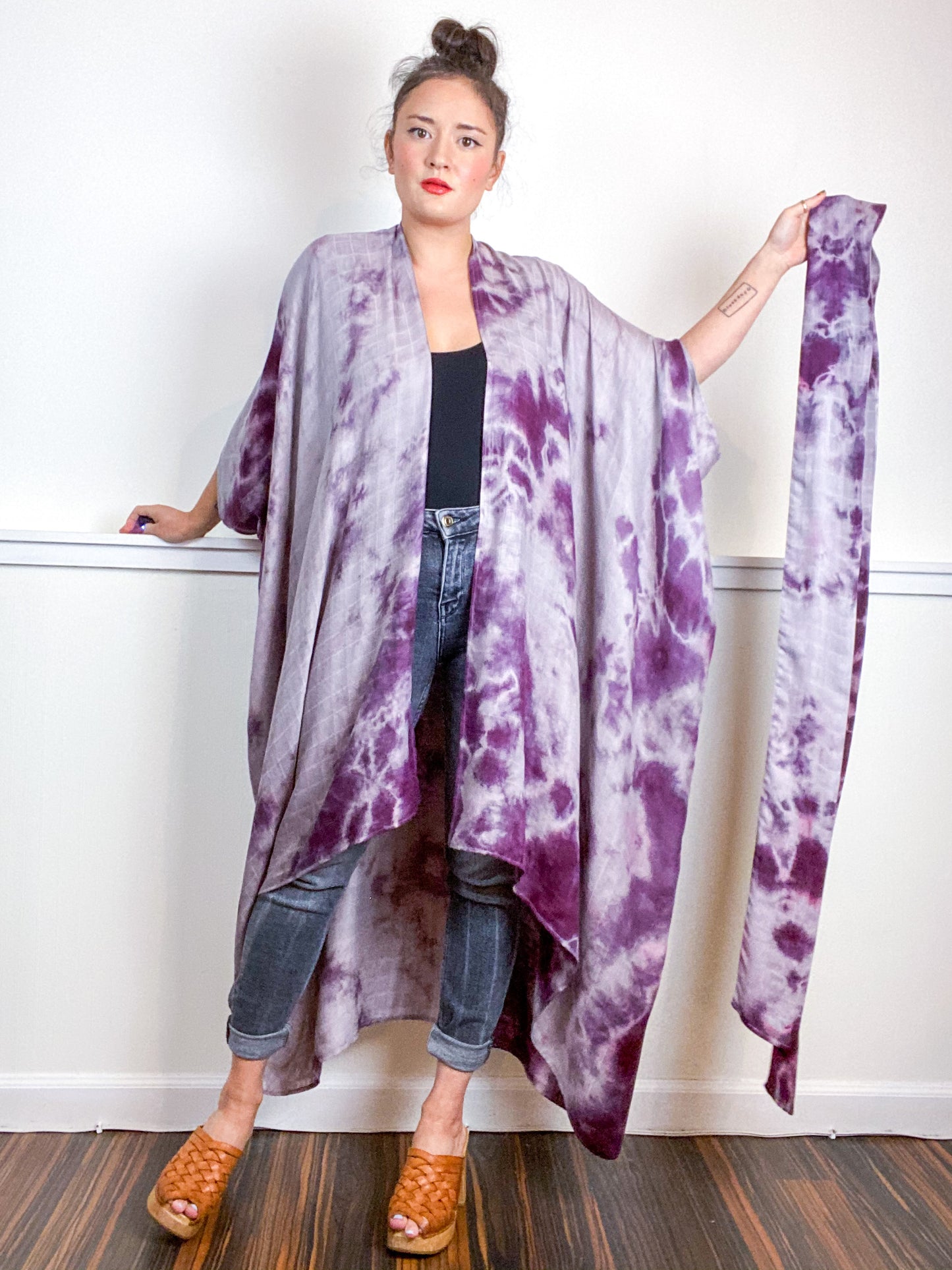 Hand-Dyed High Low Kimono Bamboo Black Cherry