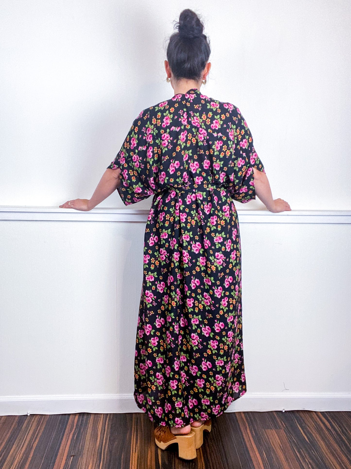 Print High Low Kimono Aqua Pink Green Black Floral Georgette