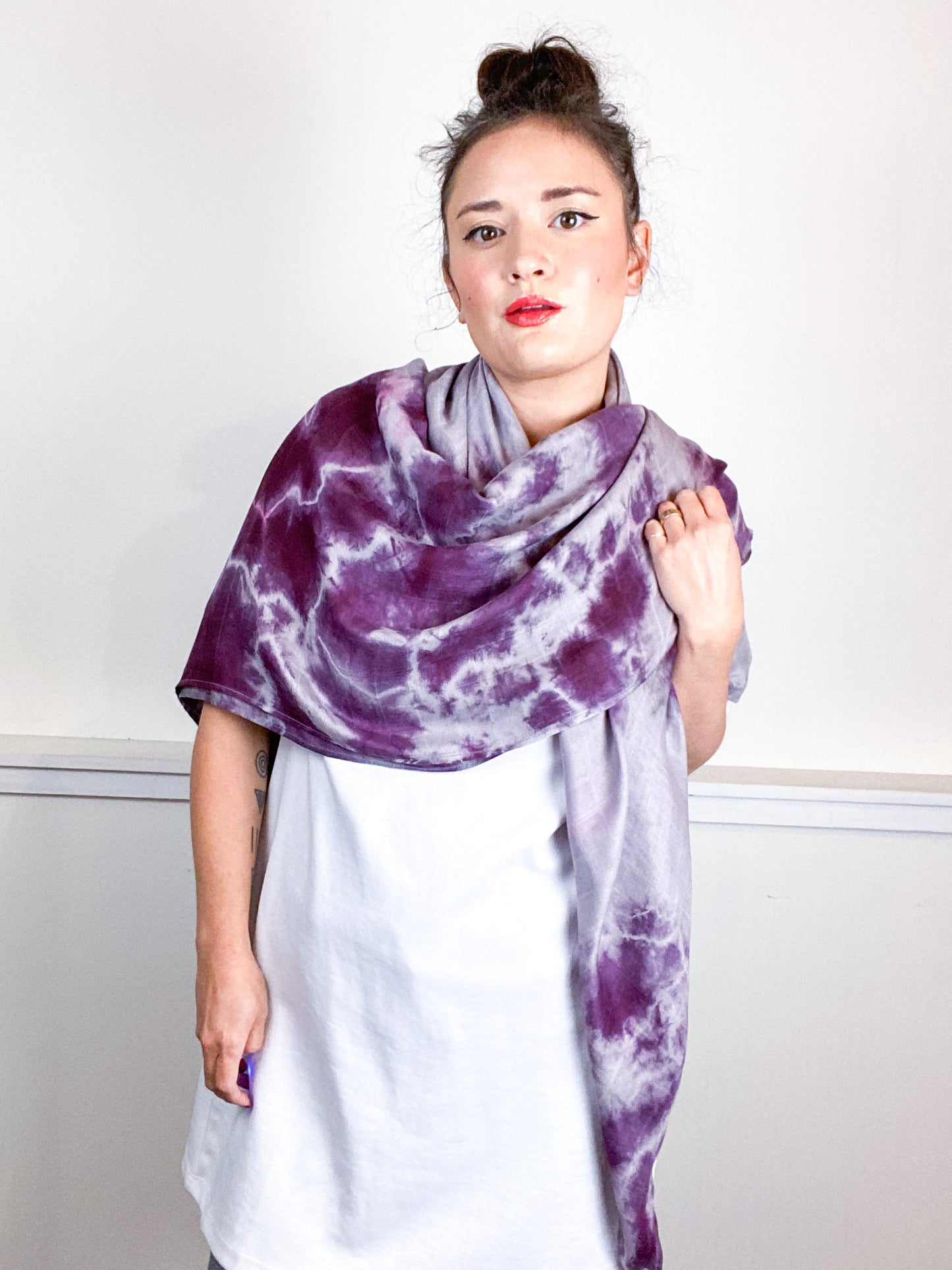 Hand-Dyed Large Square Scarf Grey Black Cherry Tie