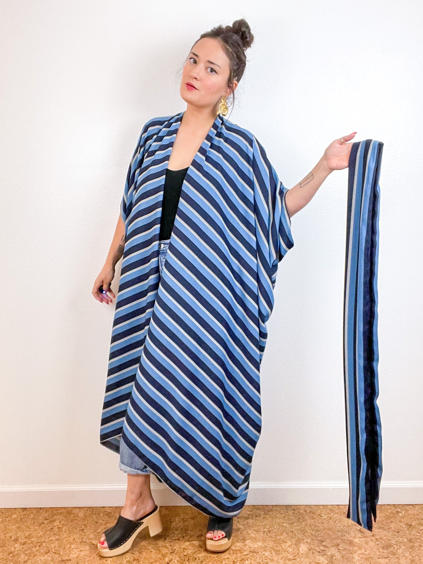 Print High Low Kimono Navy Blue Stripe Crepe