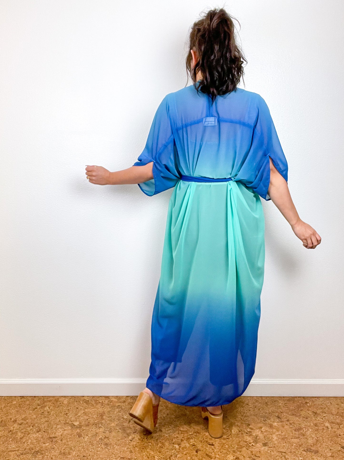Print High Low Kimono Turquoise Ombré Chiffon