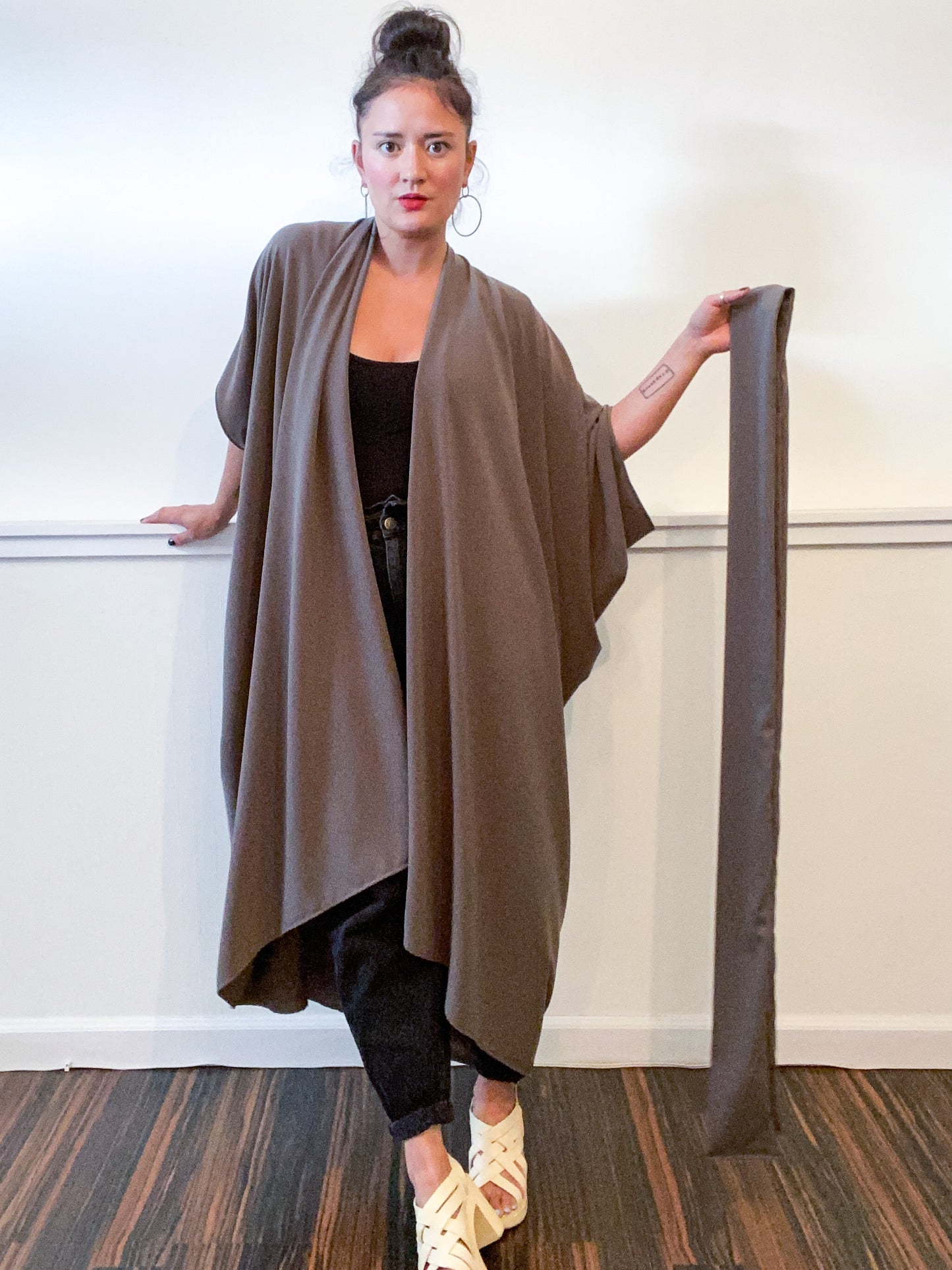 Solid High Low Kimono Neutral Olive Rayon Challis