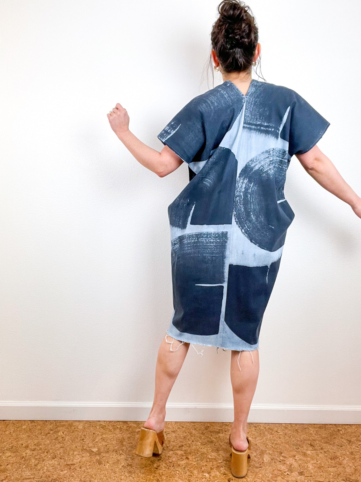 Denim Smock Dress Hand-Dyed Brushstrokes