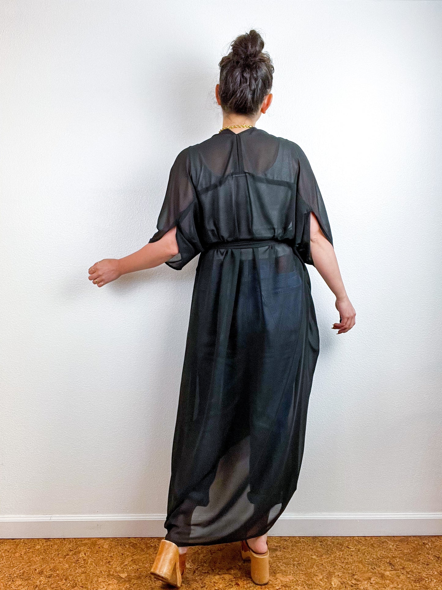 Solid High Low Kimono Black Chiffon