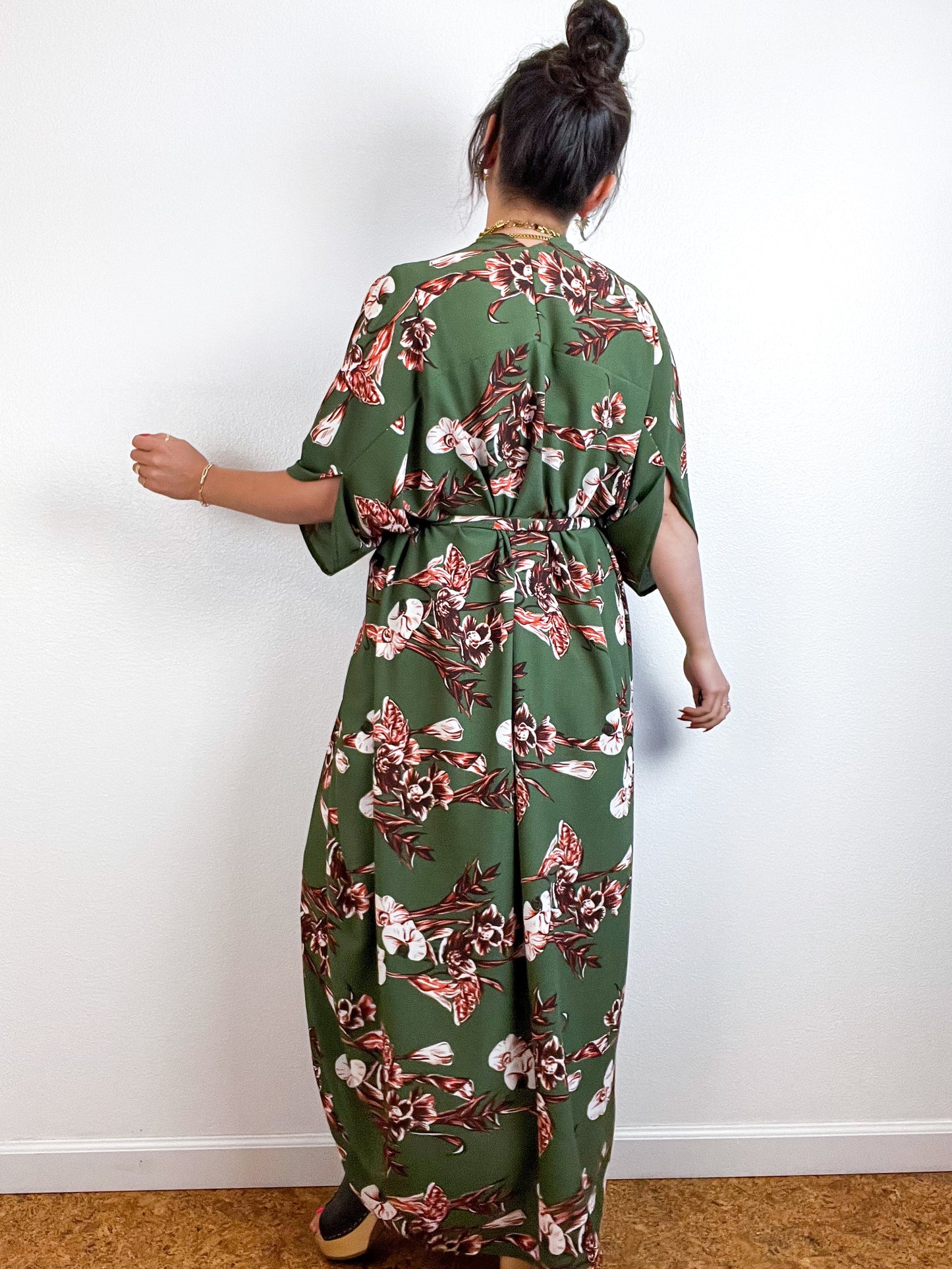 Print High Low Kimono Olive Rust Orchid Bubble Crepe