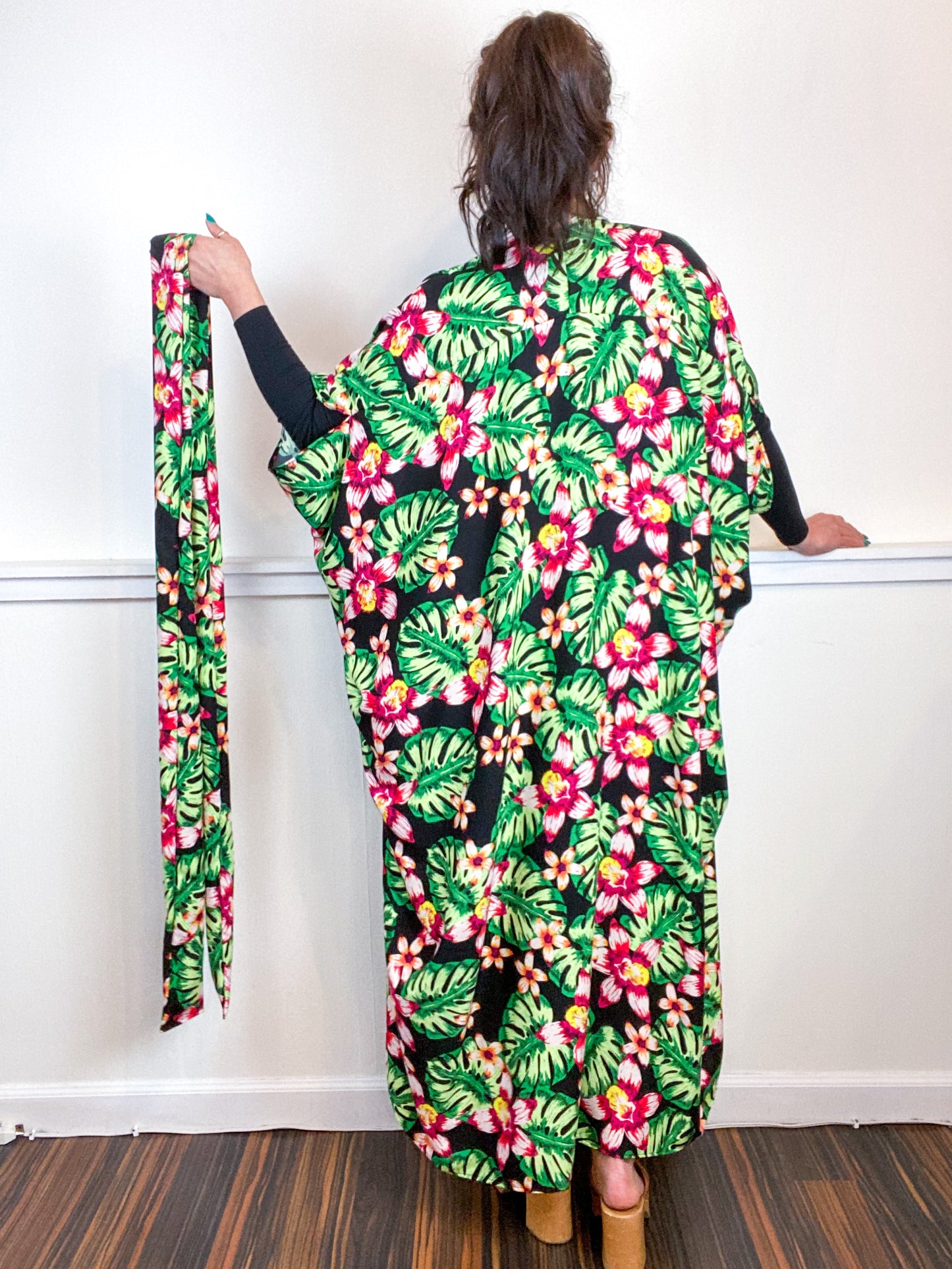 Print High Low Kimono Black Tropical Rayon Challis