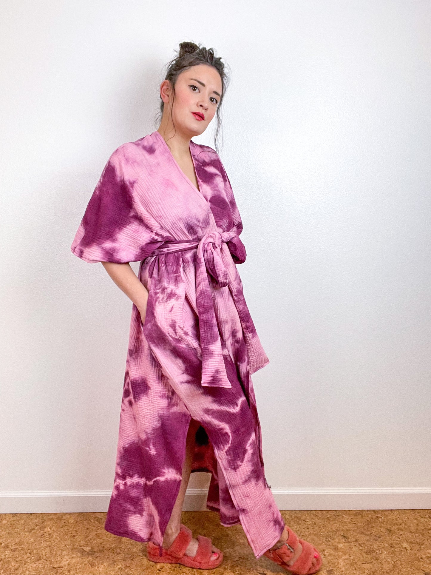 Double Gauze Duster Kimono Berry Tie
