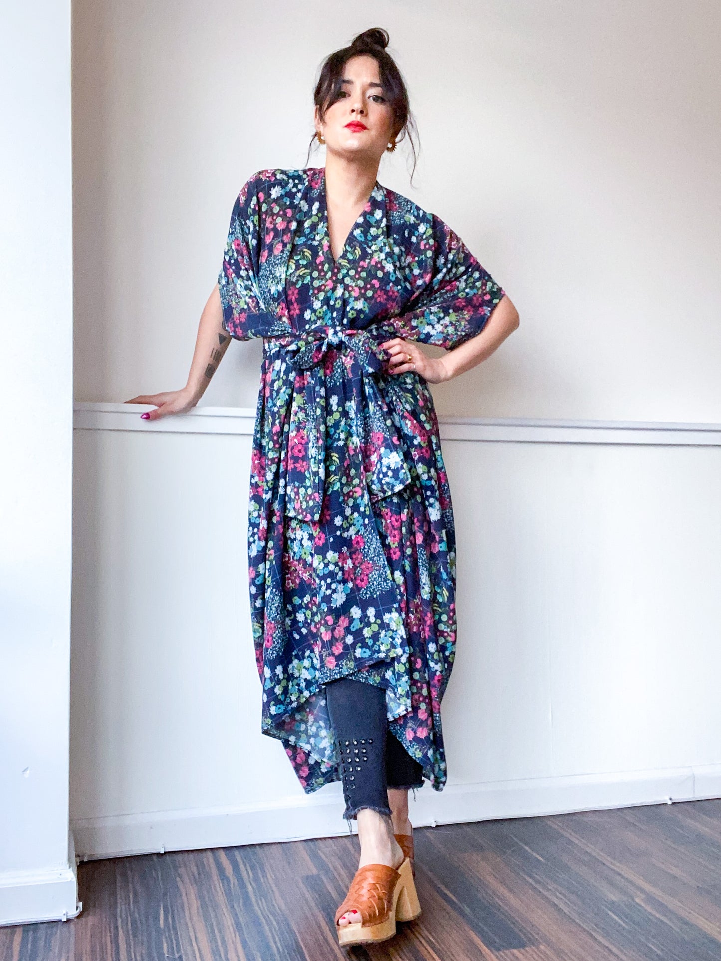 Print High Low Kimono Mini Floral Grid