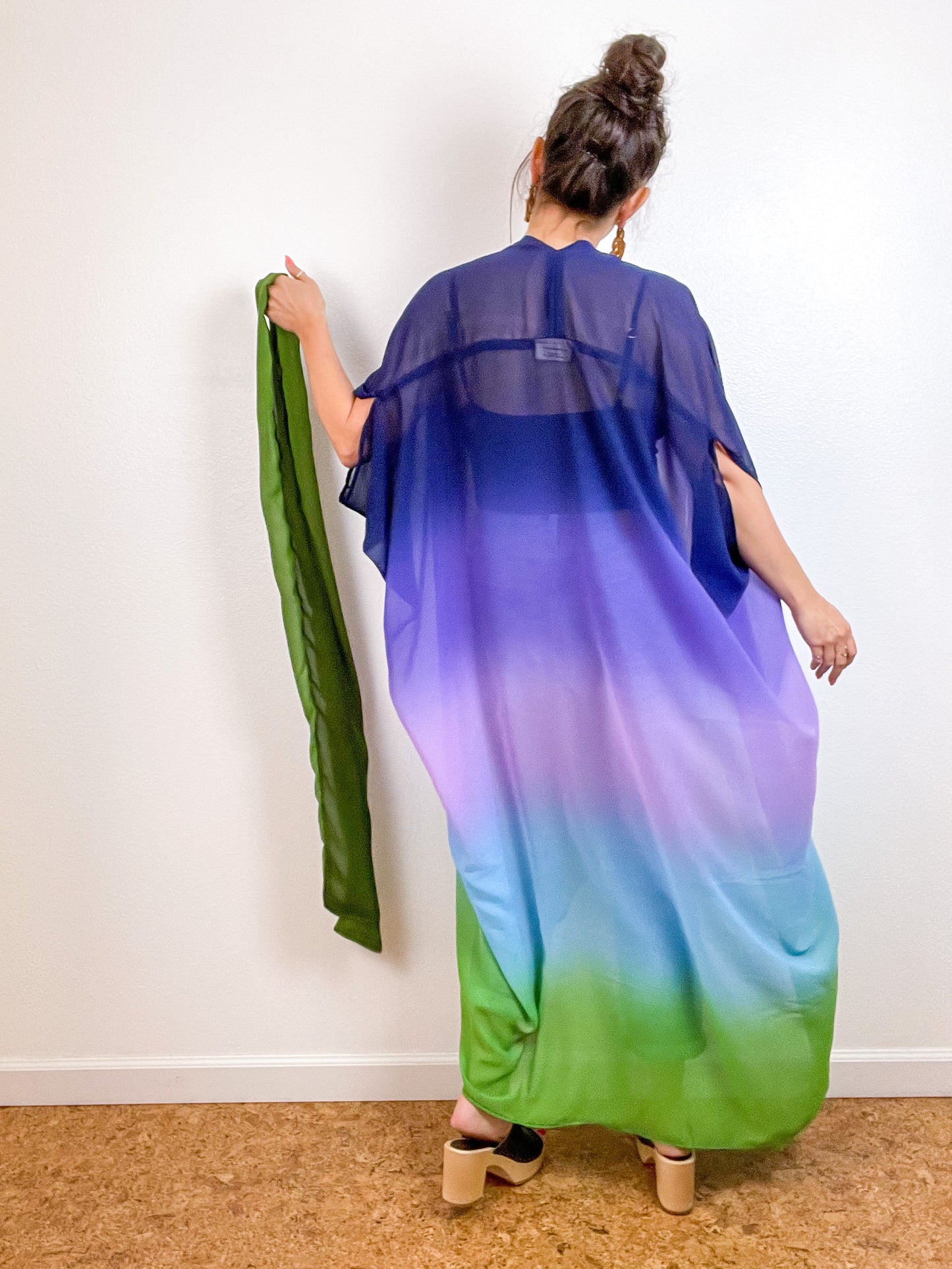 Print High Low Kimono Purple Green Ombre Chiffon